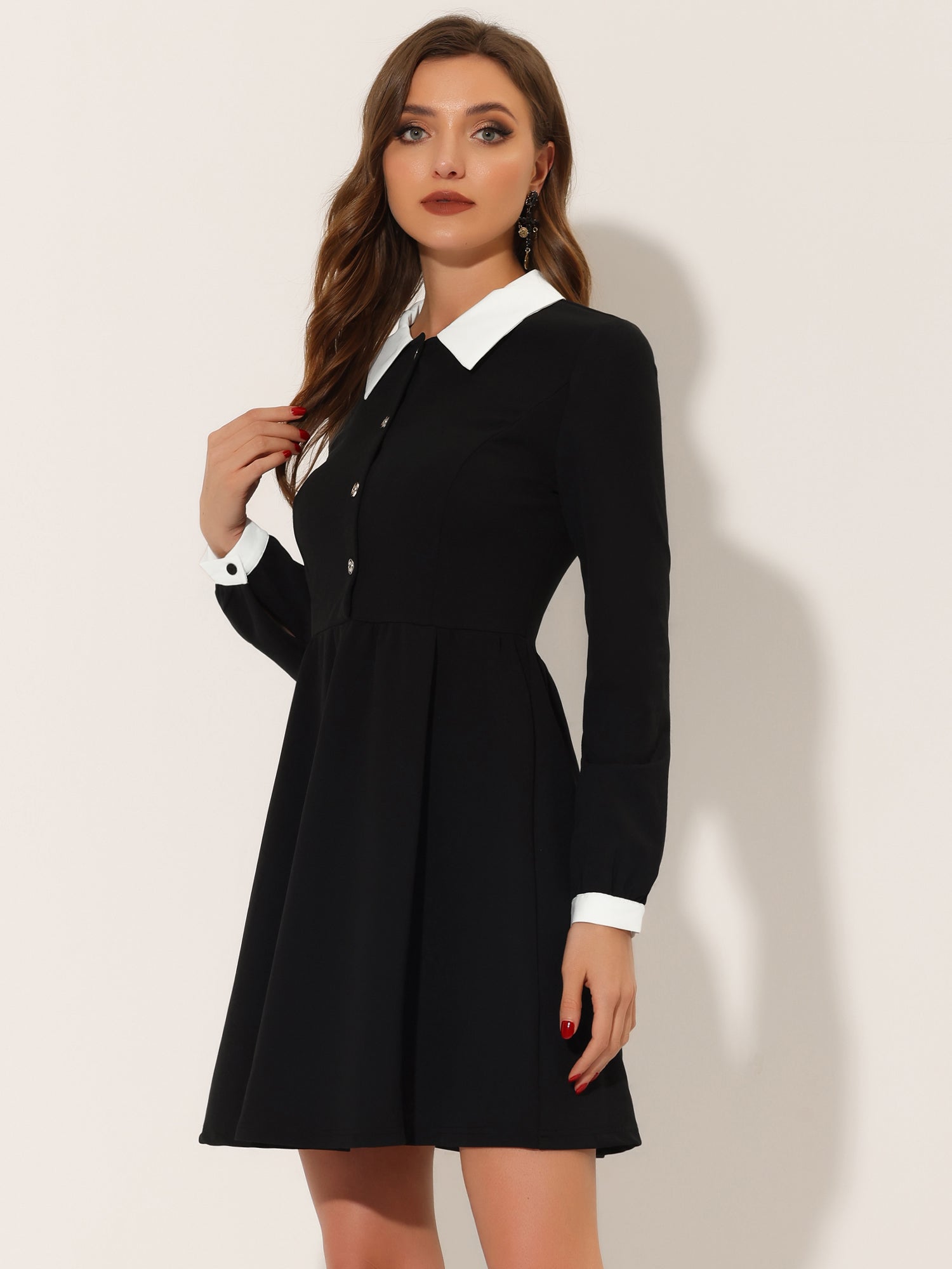 Contrast Color Puff Long Sleeve Collared Flare Short Dress
