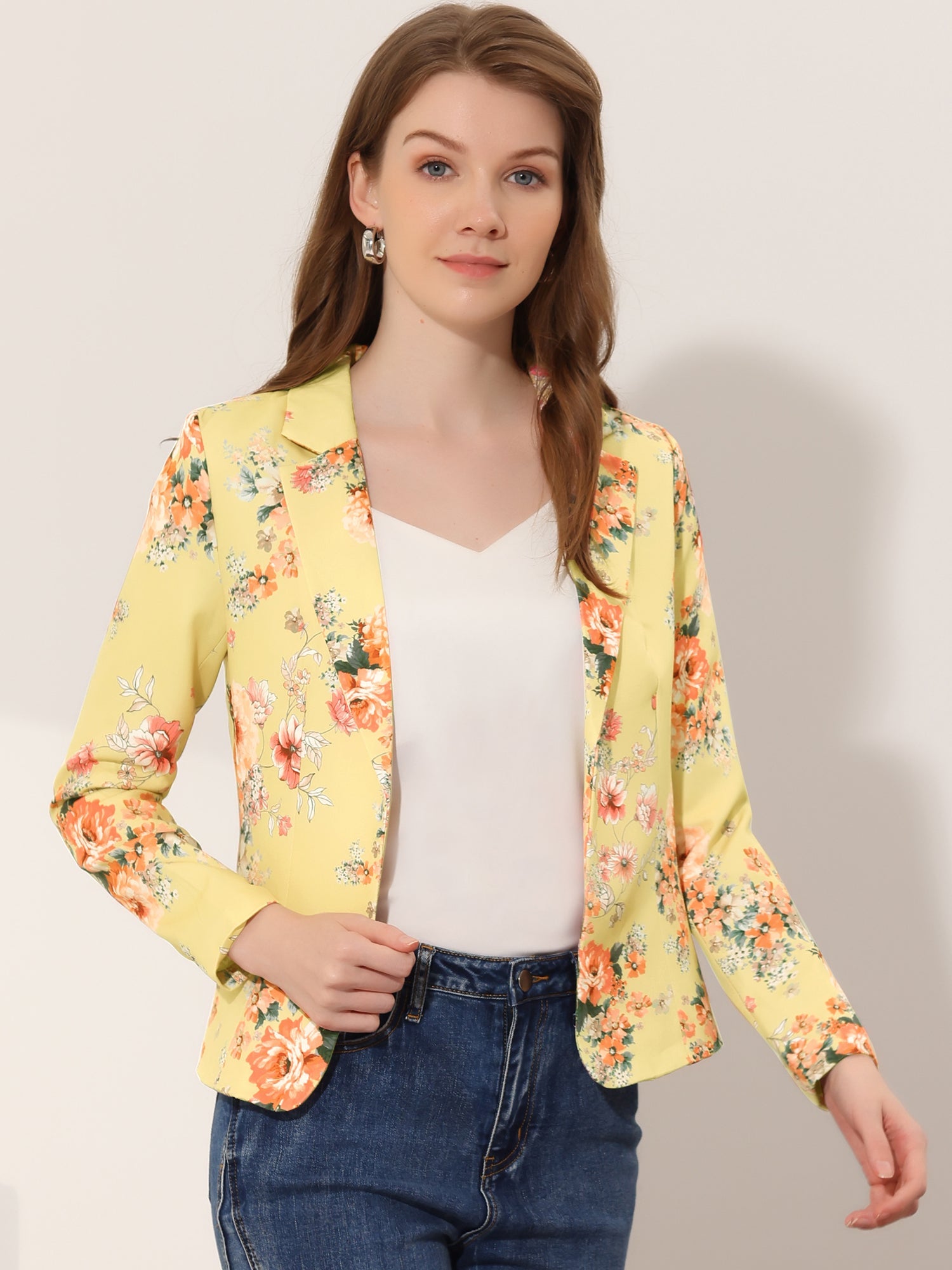 Open Front Notch Lapel Floral Business Casual Suit Blazer