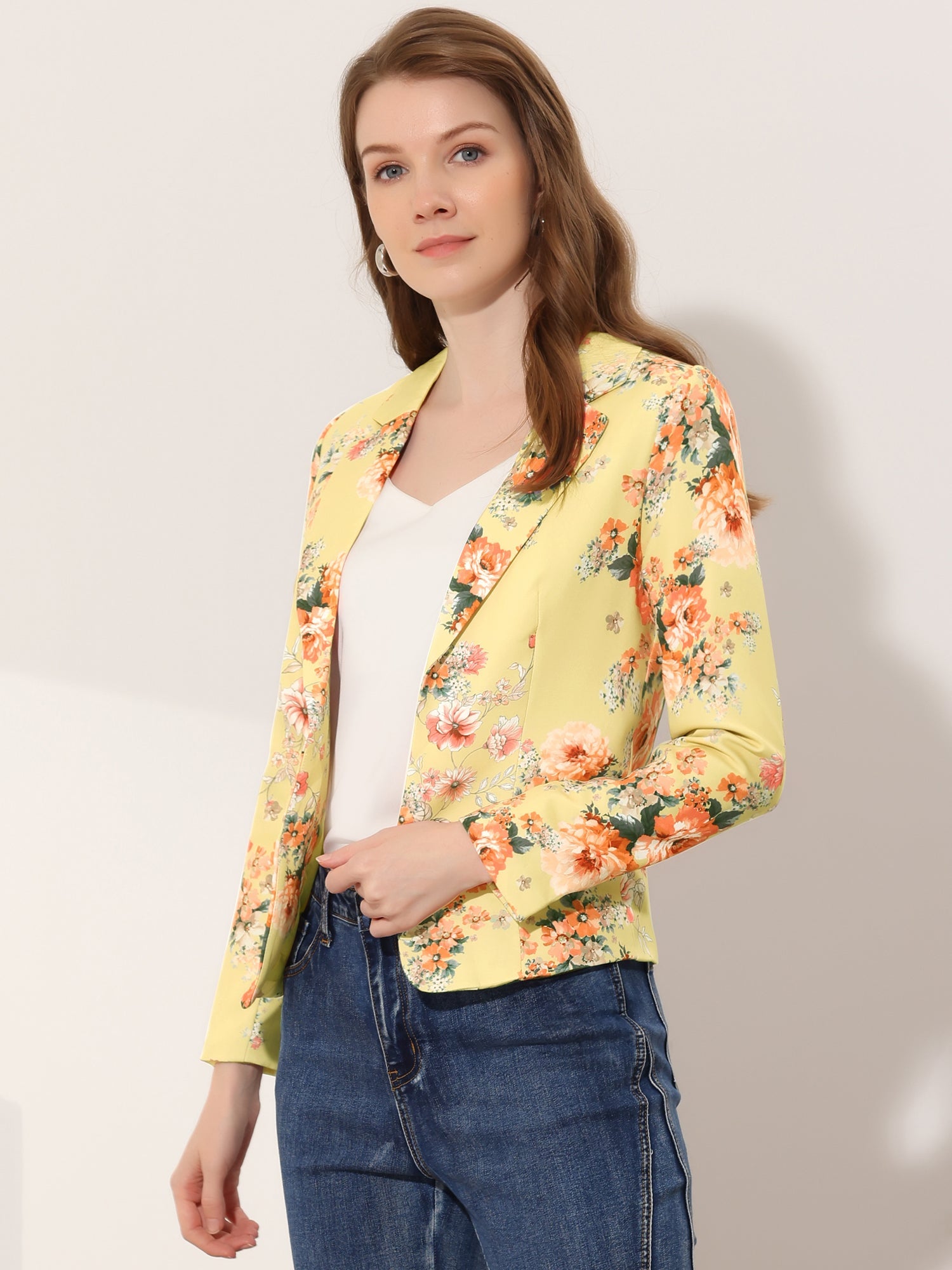 Open Front Notch Lapel Floral Business Casual Suit Blazer