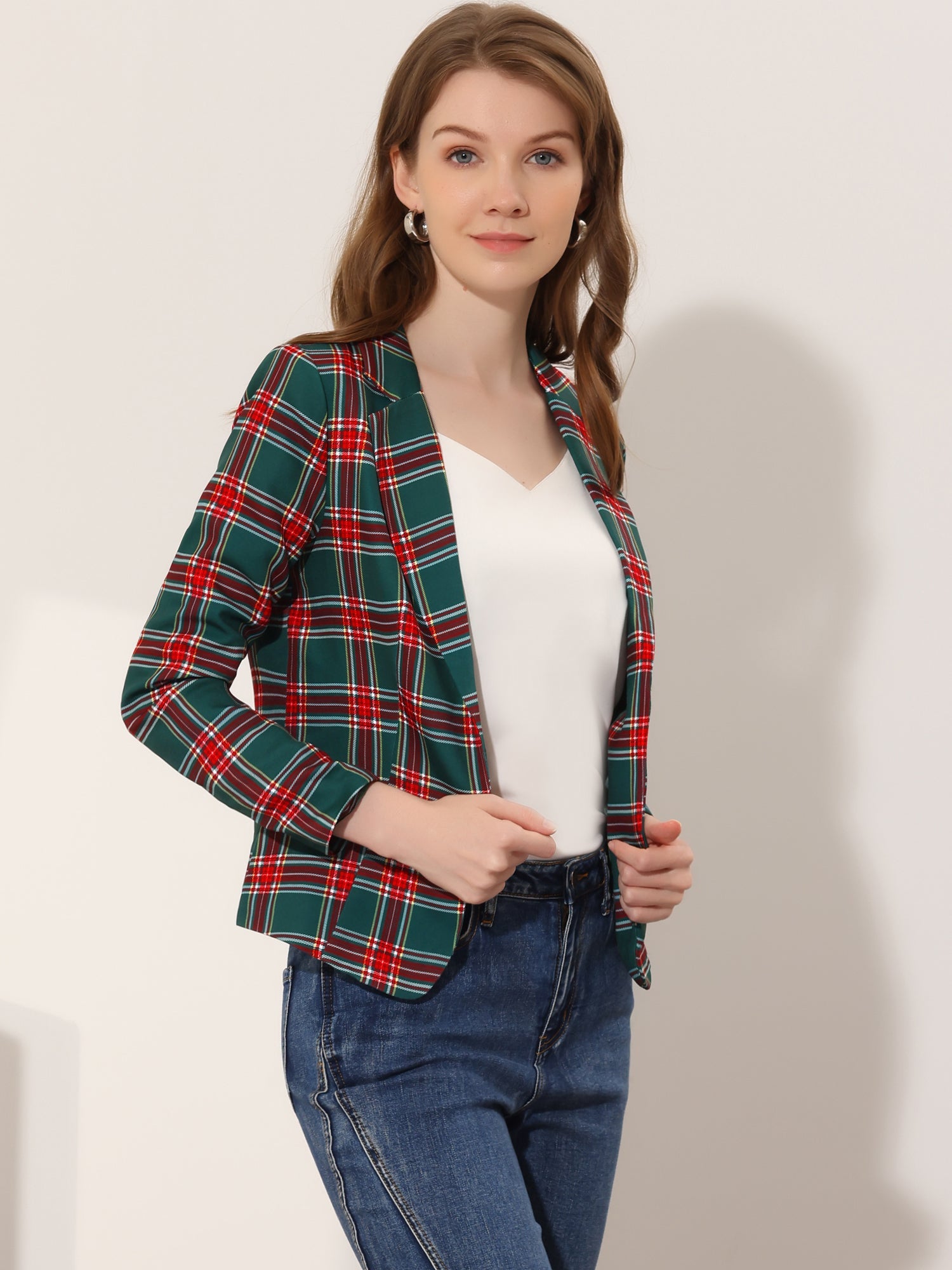 Business Casual Open Front Notch Lapel Plaid Suit Blazer