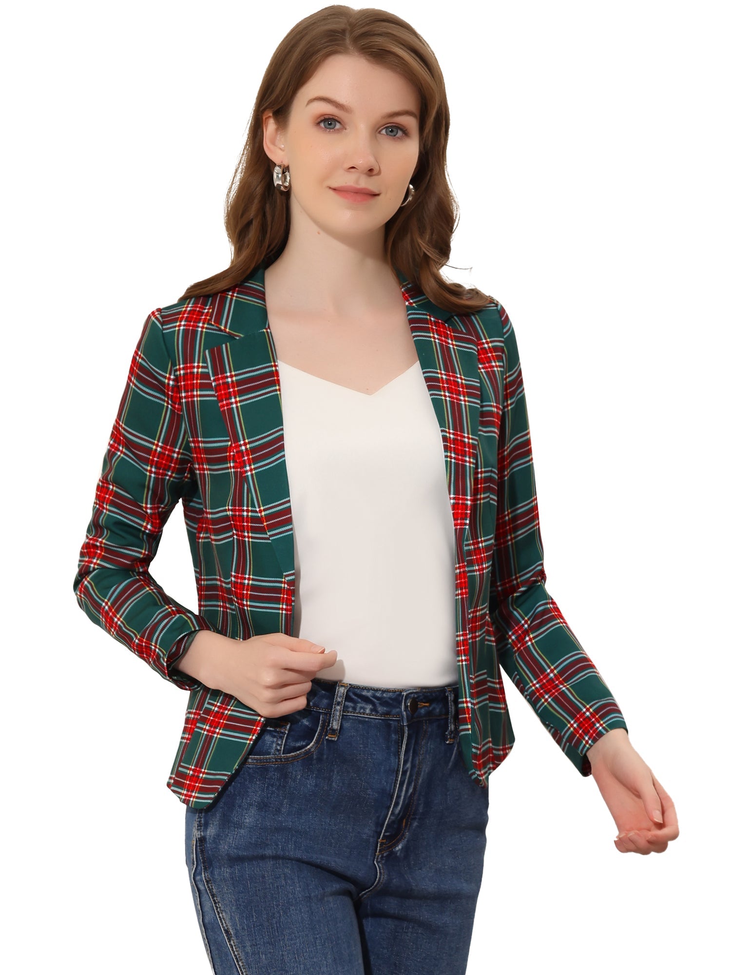 Business Casual Open Front Notch Lapel Plaid Suit Blazer