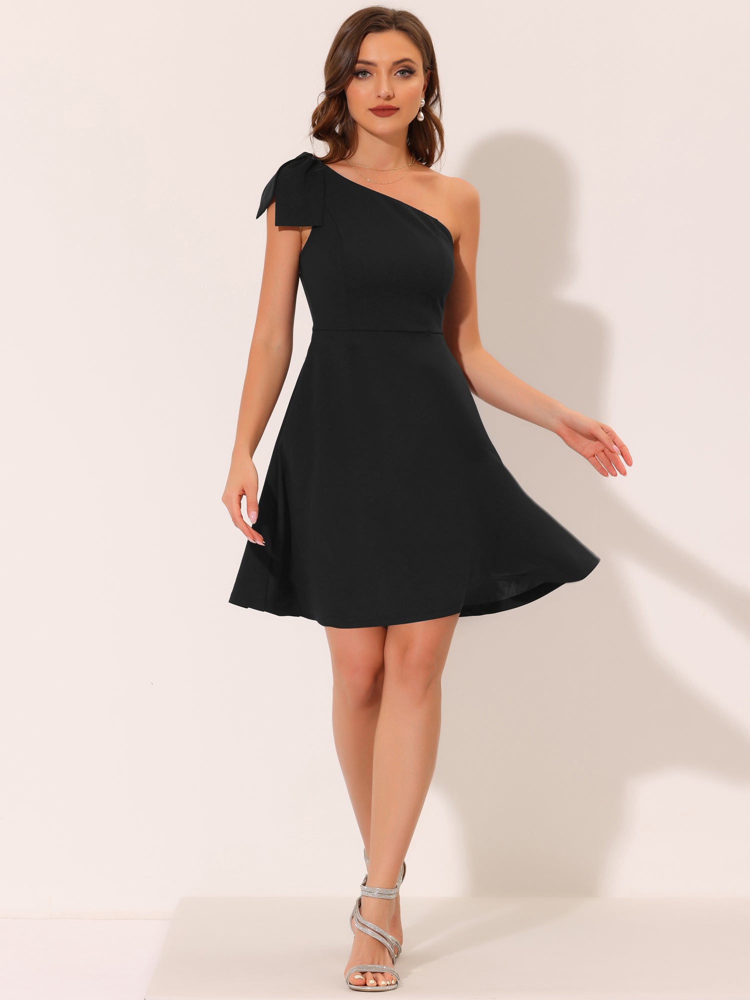 Bow One Shoulder Sleeveless Pockets A-Line Midi Dress