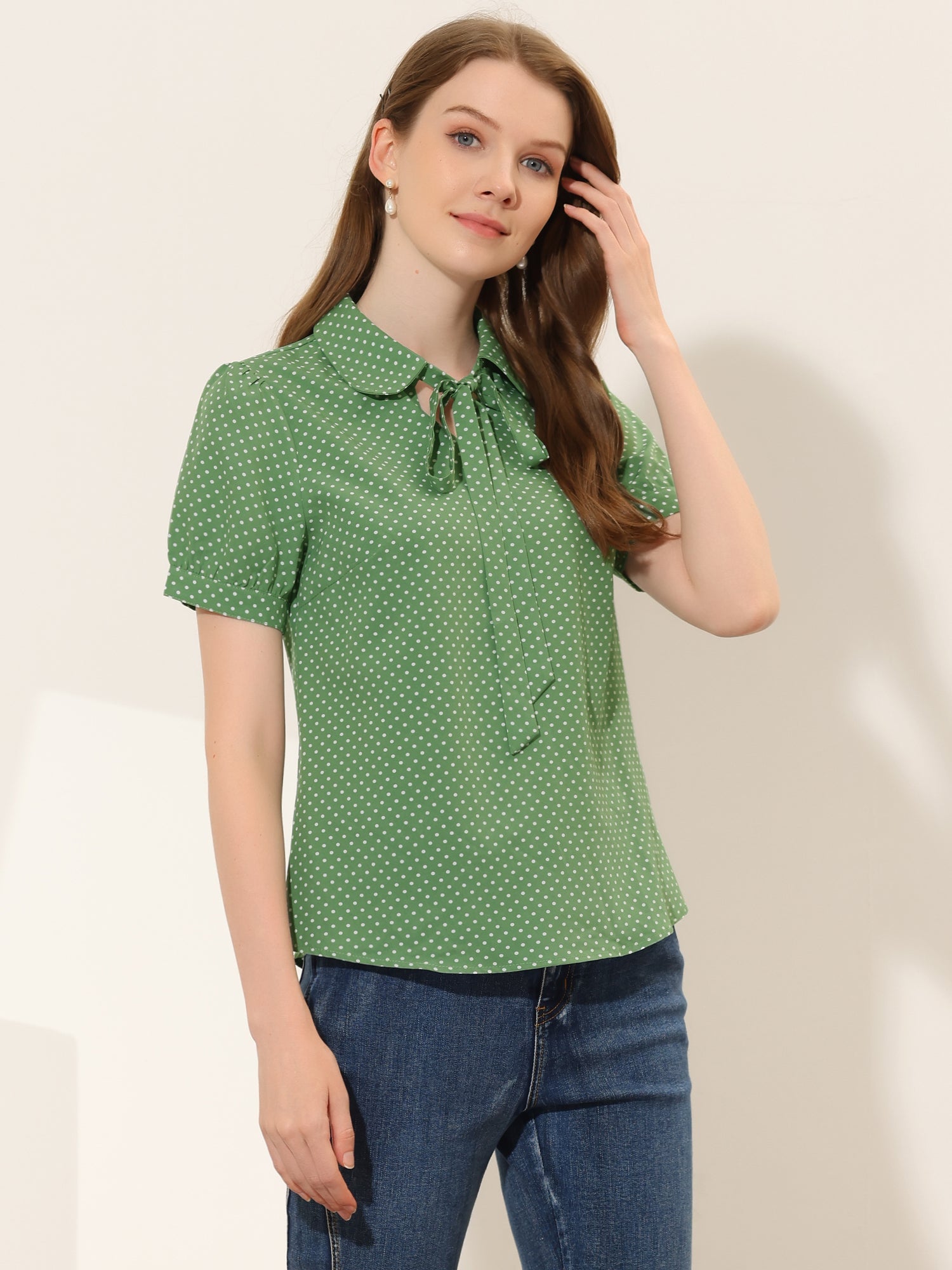 Retro Dots Bow Tie Peter Pan Collar Chiffon Blouse