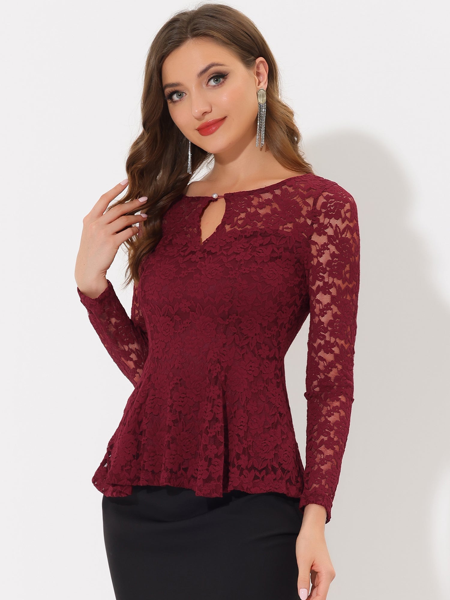 Lace Tops Keyhole Front Peplum Hem Sheer Long Sleeve Blouse