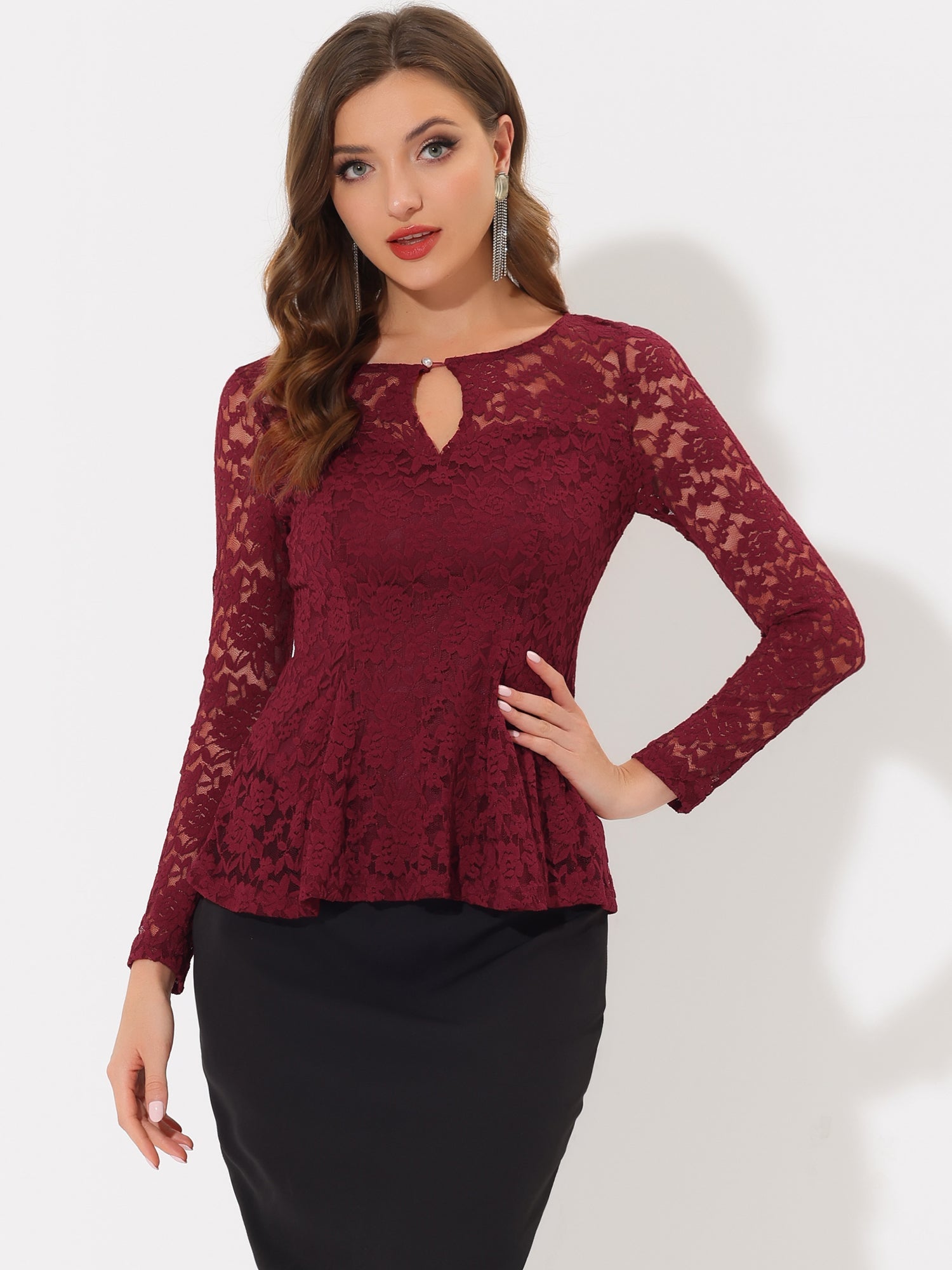 Lace Tops Keyhole Front Peplum Hem Sheer Long Sleeve Blouse