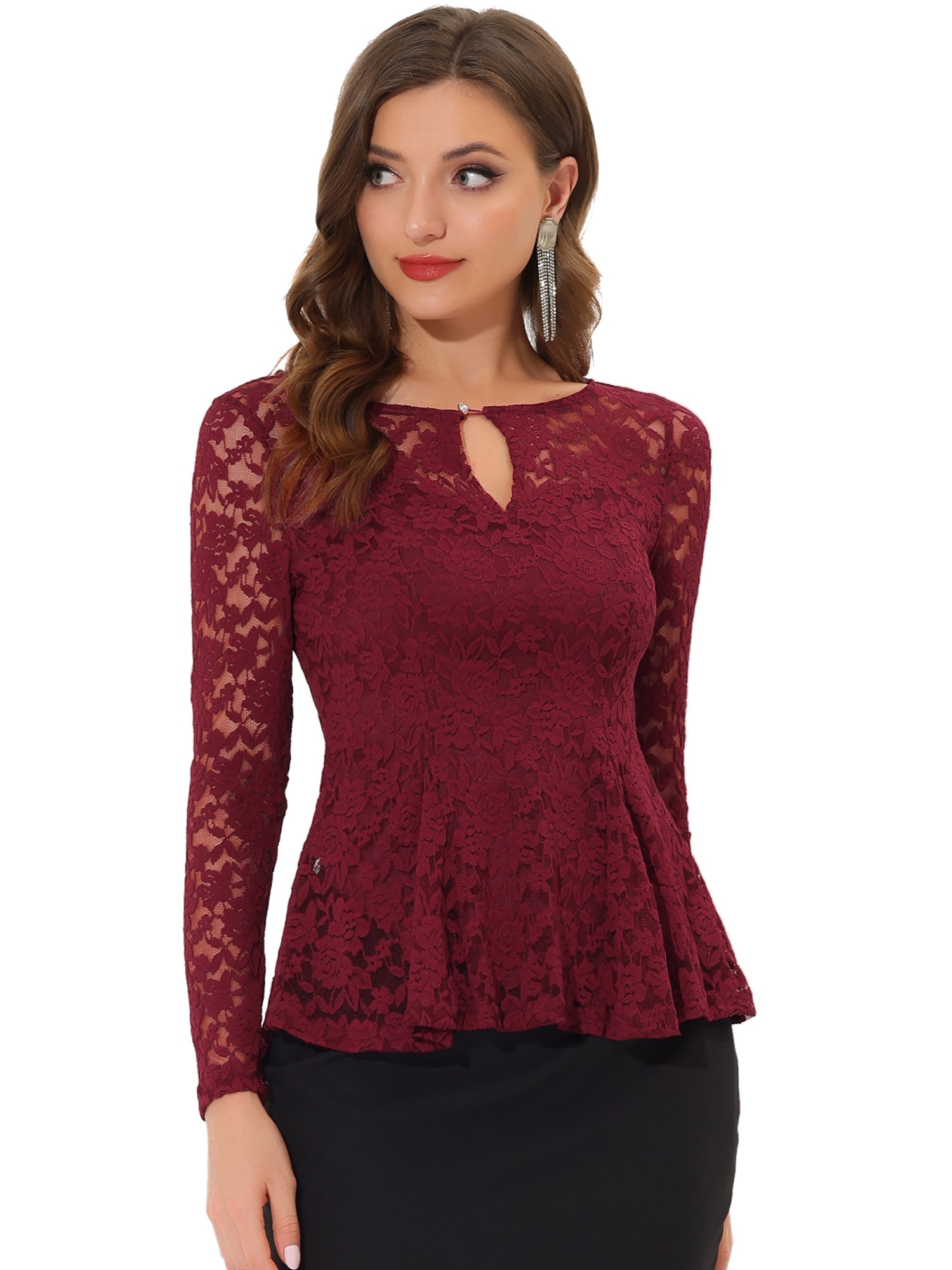 Lace Tops Keyhole Front Peplum Hem Sheer Long Sleeve Blouse