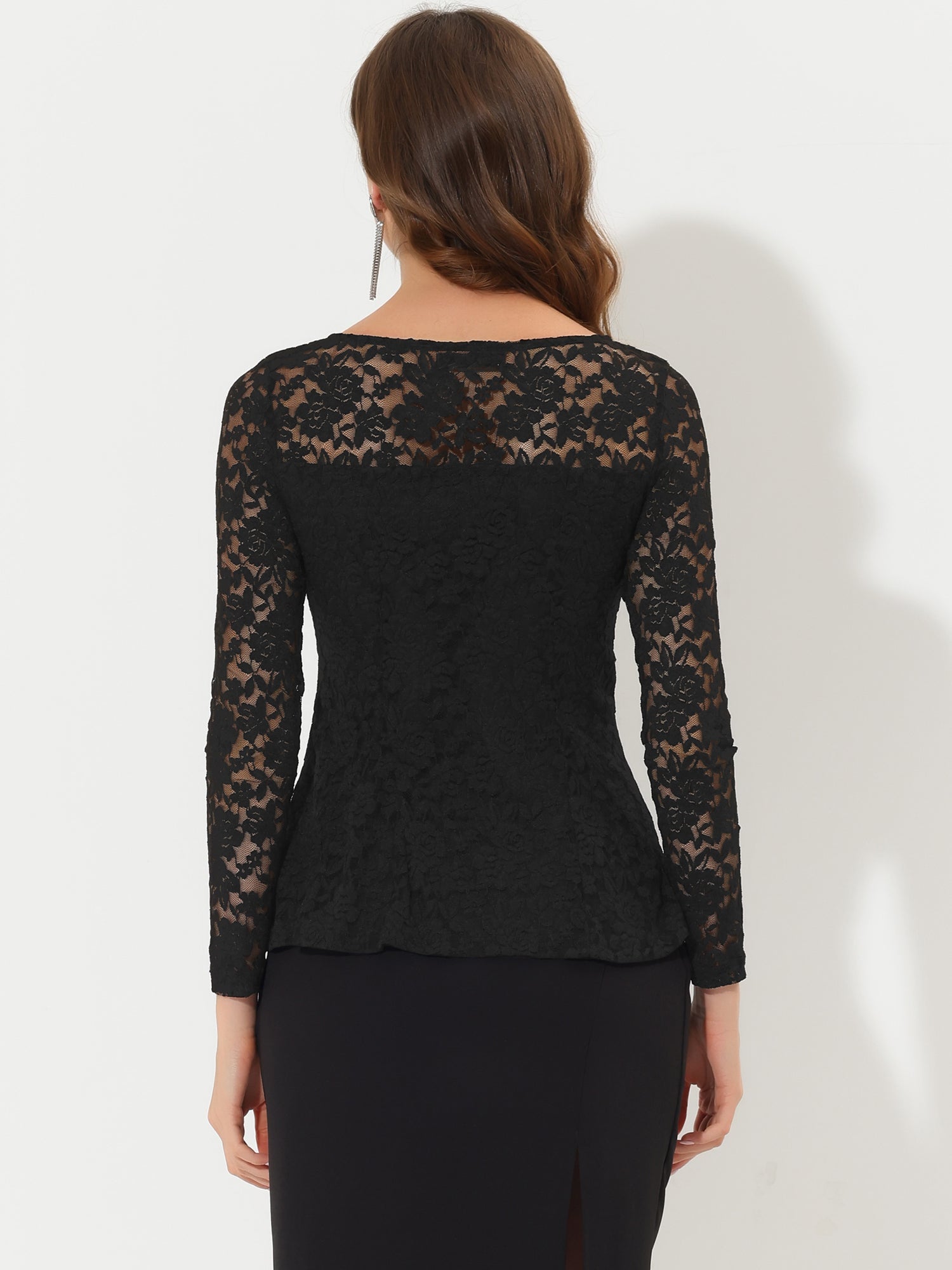 Lace Tops Keyhole Front Peplum Hem Sheer Long Sleeve Blouse
