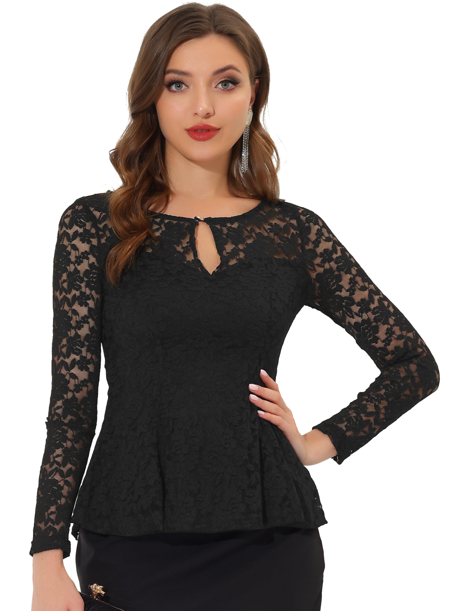 Lace Tops Keyhole Front Peplum Hem Sheer Long Sleeve Blouse