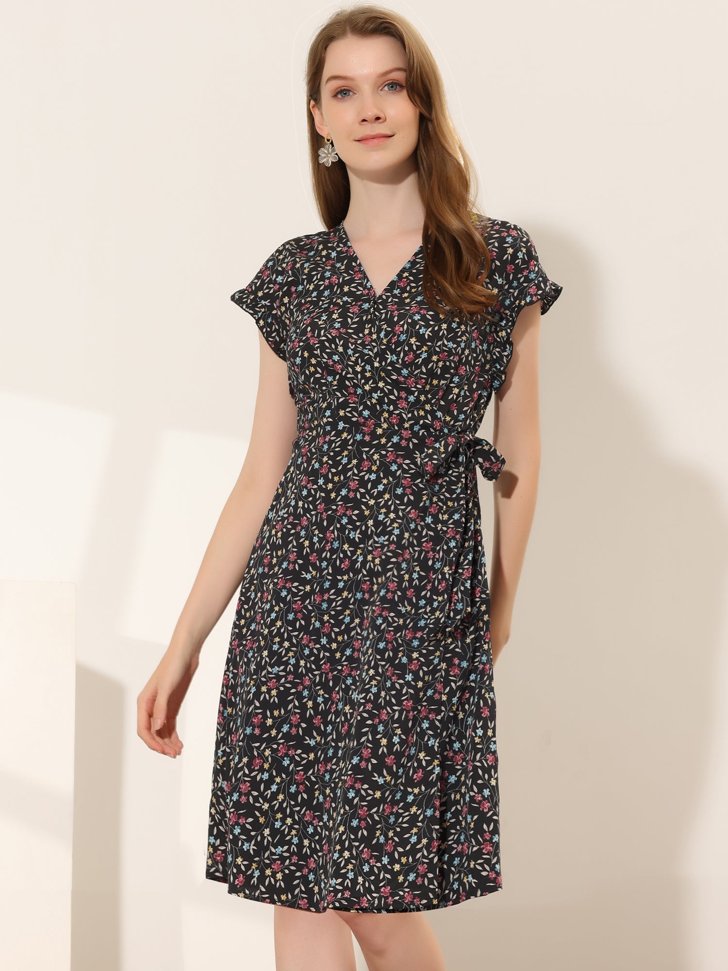 Ditsy Floral V Neck Ruffle Flutter Sleeve Midi Wrap Dress