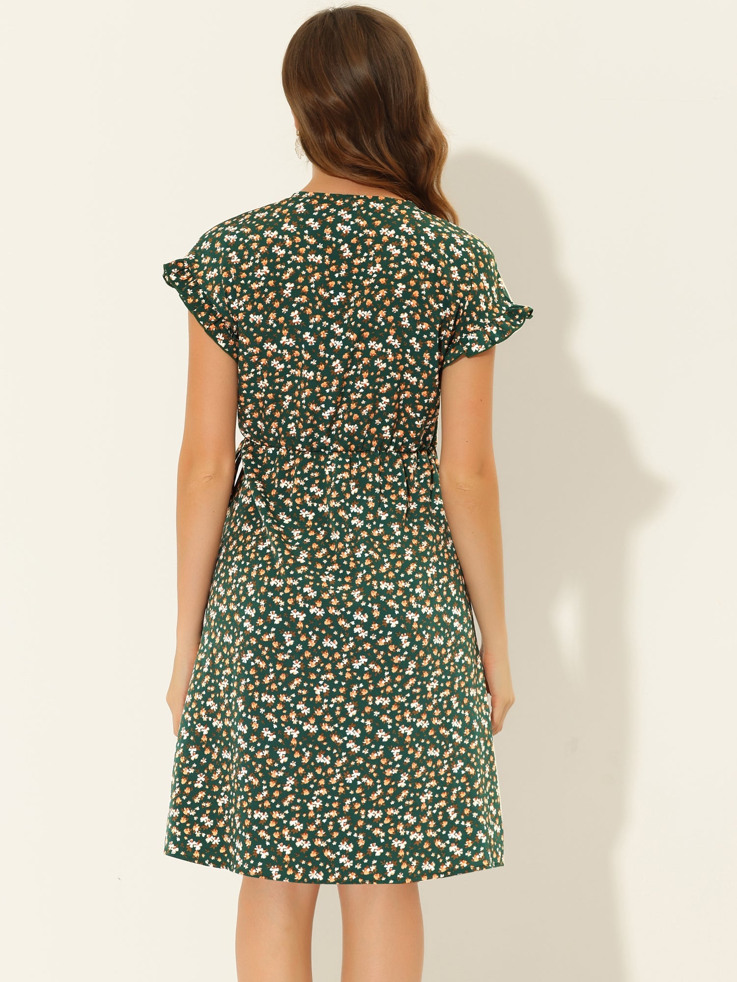 Ditsy Floral V Neck Ruffle Flutter Sleeve Midi Wrap Dress