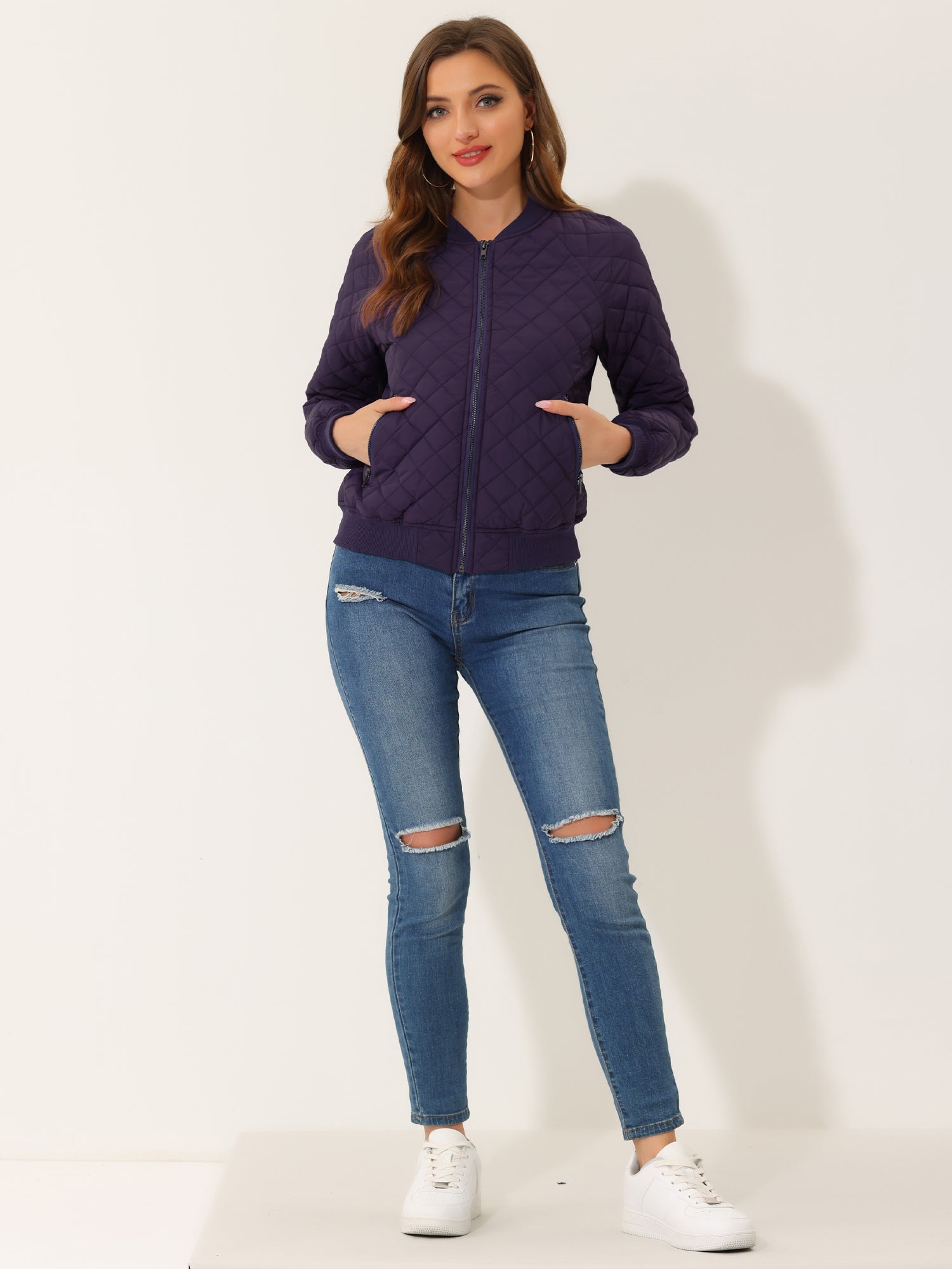 Casual Zip Up Raglan Long Sleeve Quilted Bomber Jacket