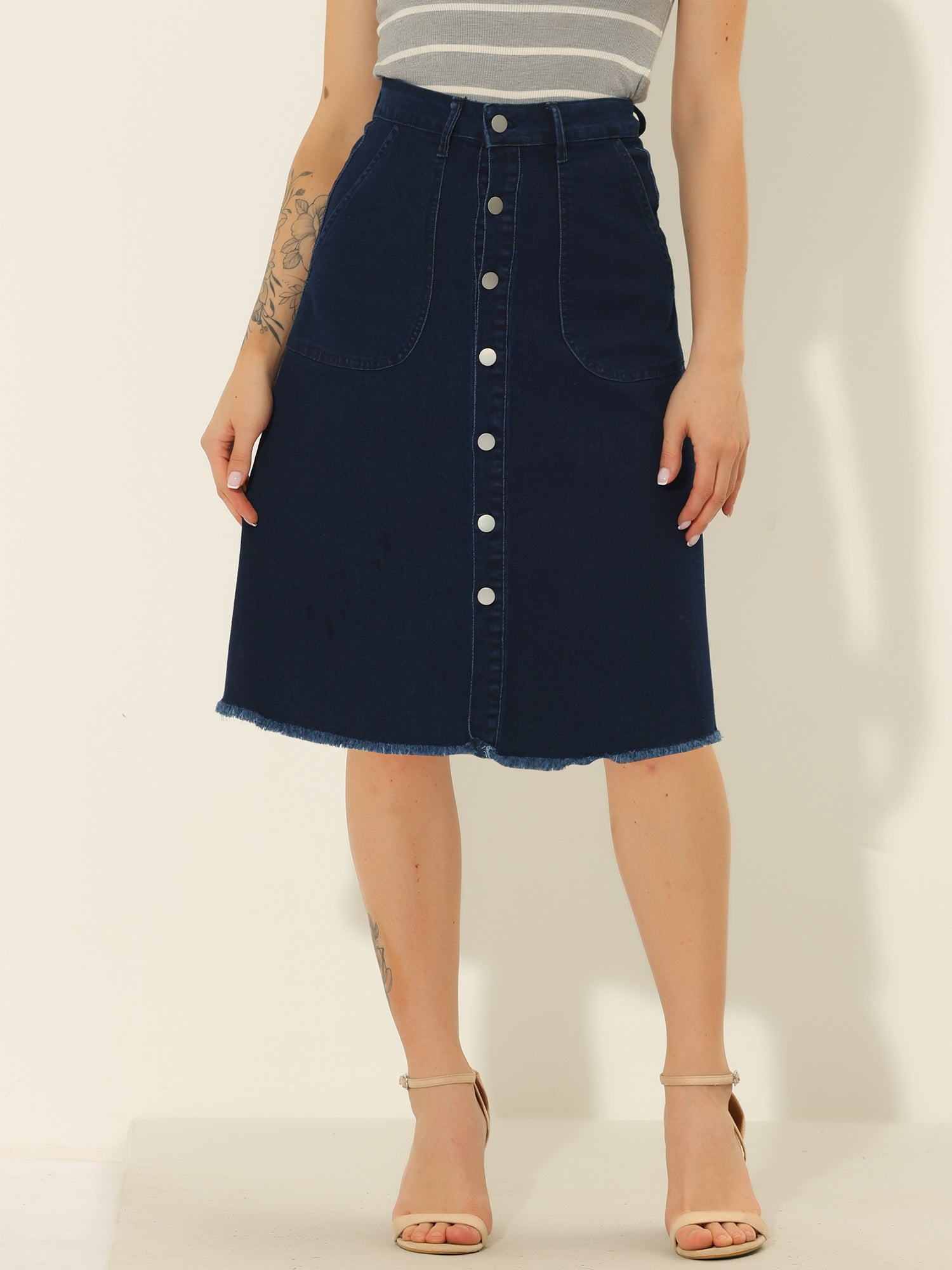 Denim Raw Hem Button Down Midi Jeans Skirt