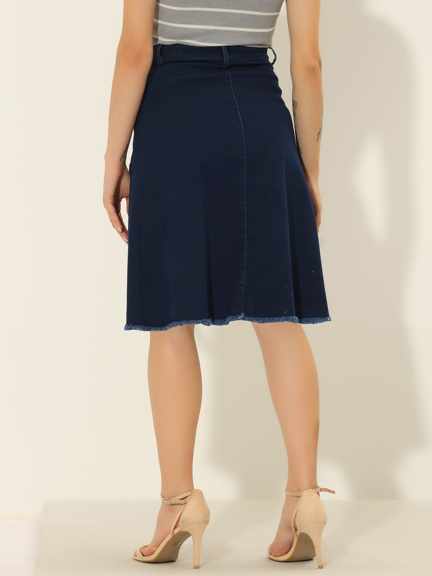 Denim Raw Hem Button Down Midi Jeans Skirt