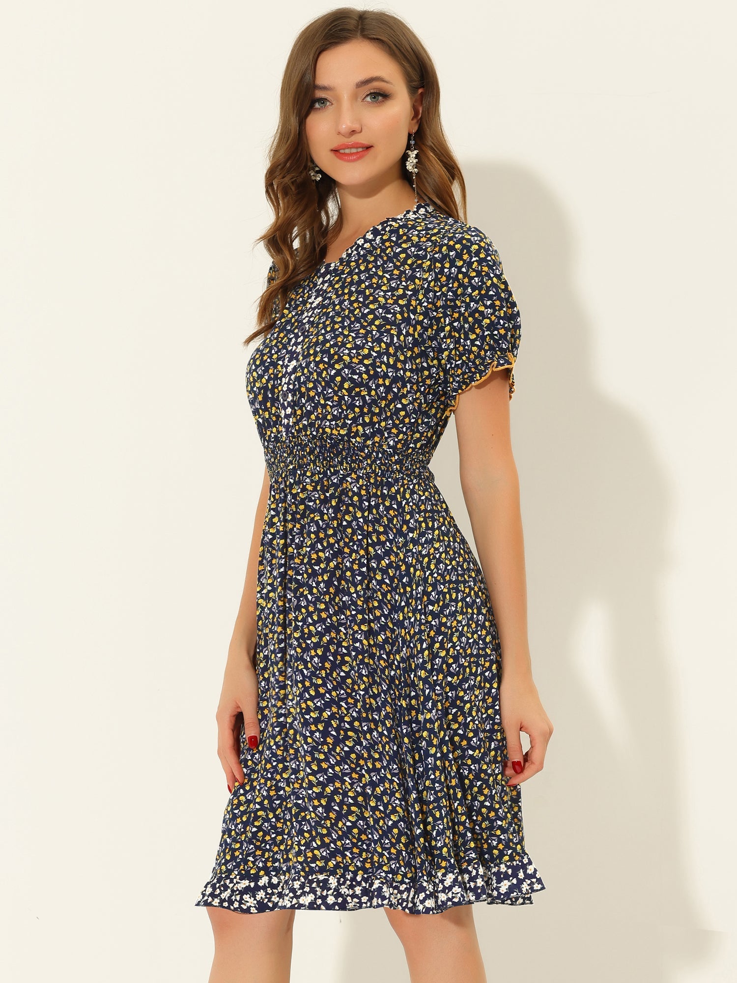 Floral Ruffle Neck Smocked Waist Short Sleeve Midi Dress