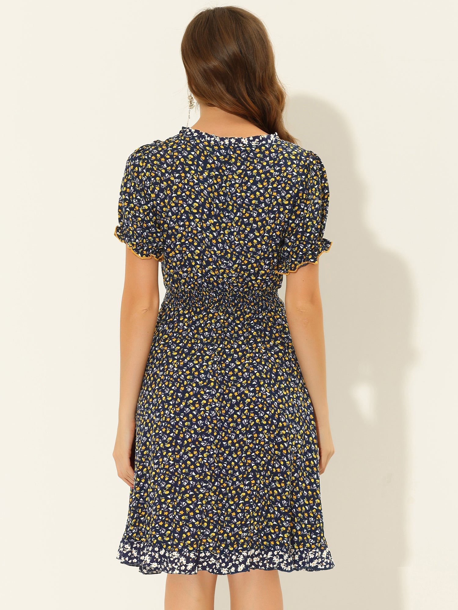 Floral Ruffle Neck Smocked Waist Short Sleeve Midi Dress