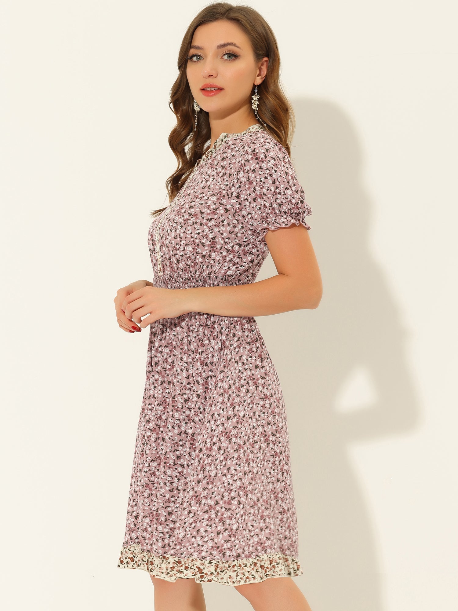 Floral Ruffle Neck Smocked Waist Short Sleeve Midi Dress