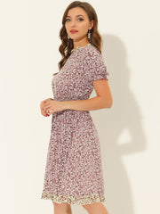 Floral Ruffle Neck Smocked Waist Short Sleeve Midi Dress