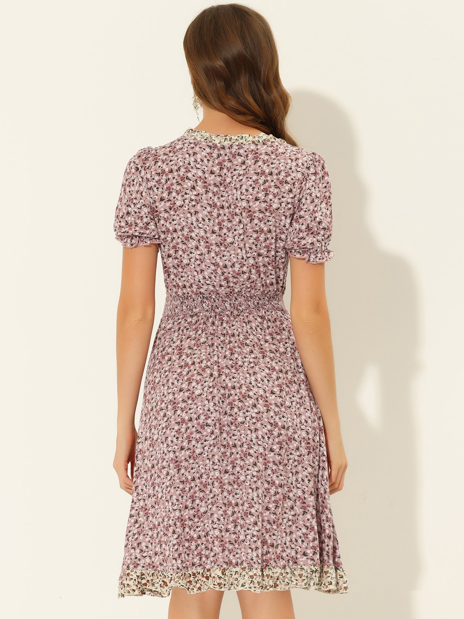 Floral Ruffle Neck Smocked Waist Short Sleeve Midi Dress