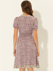 Floral Ruffle Neck Smocked Waist Short Sleeve Midi Dress