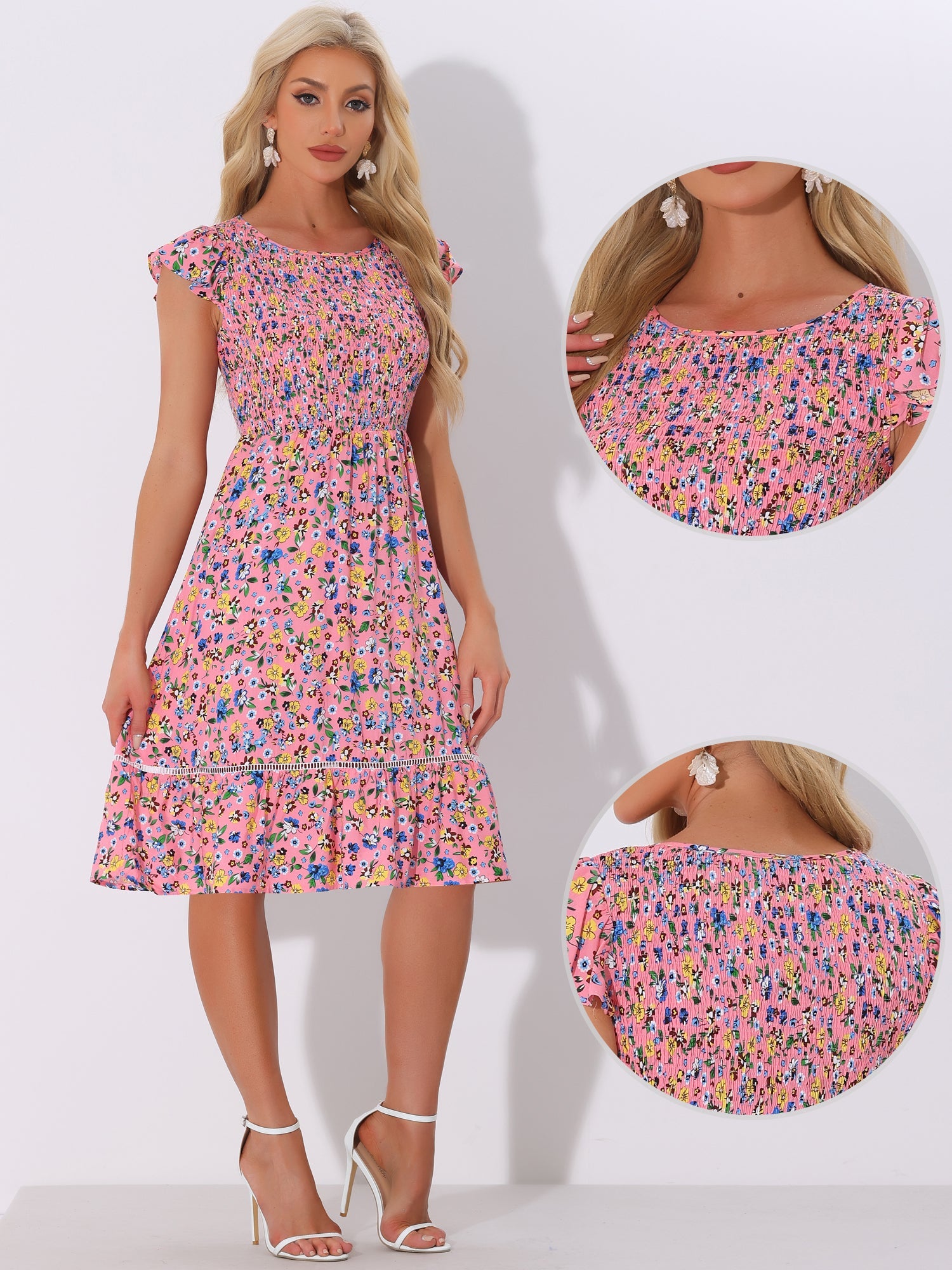 Midi Smocked Cap Short Sleeve Floral Fit and Flare Dress