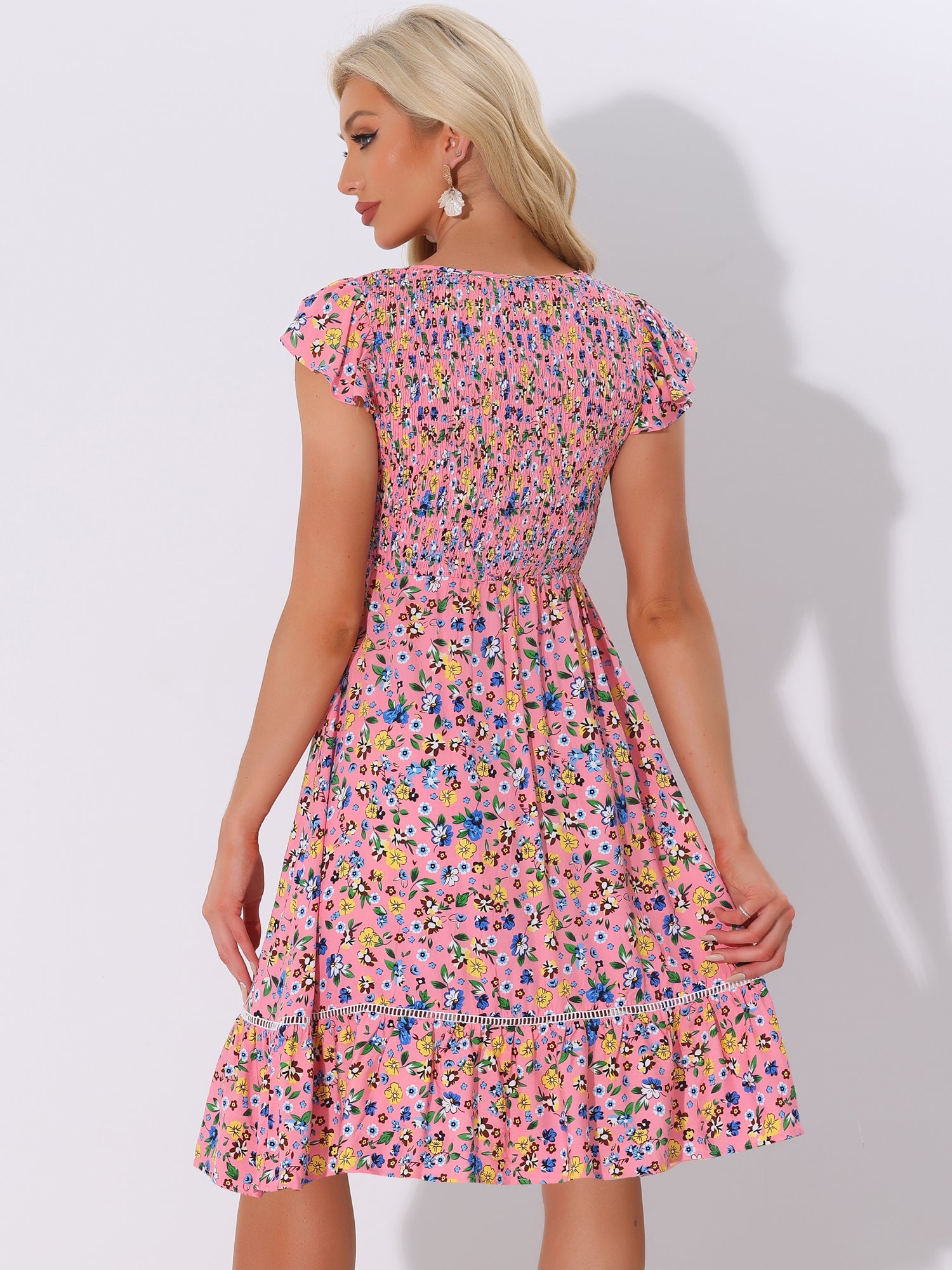 Midi Smocked Cap Short Sleeve Floral Fit and Flare Dress