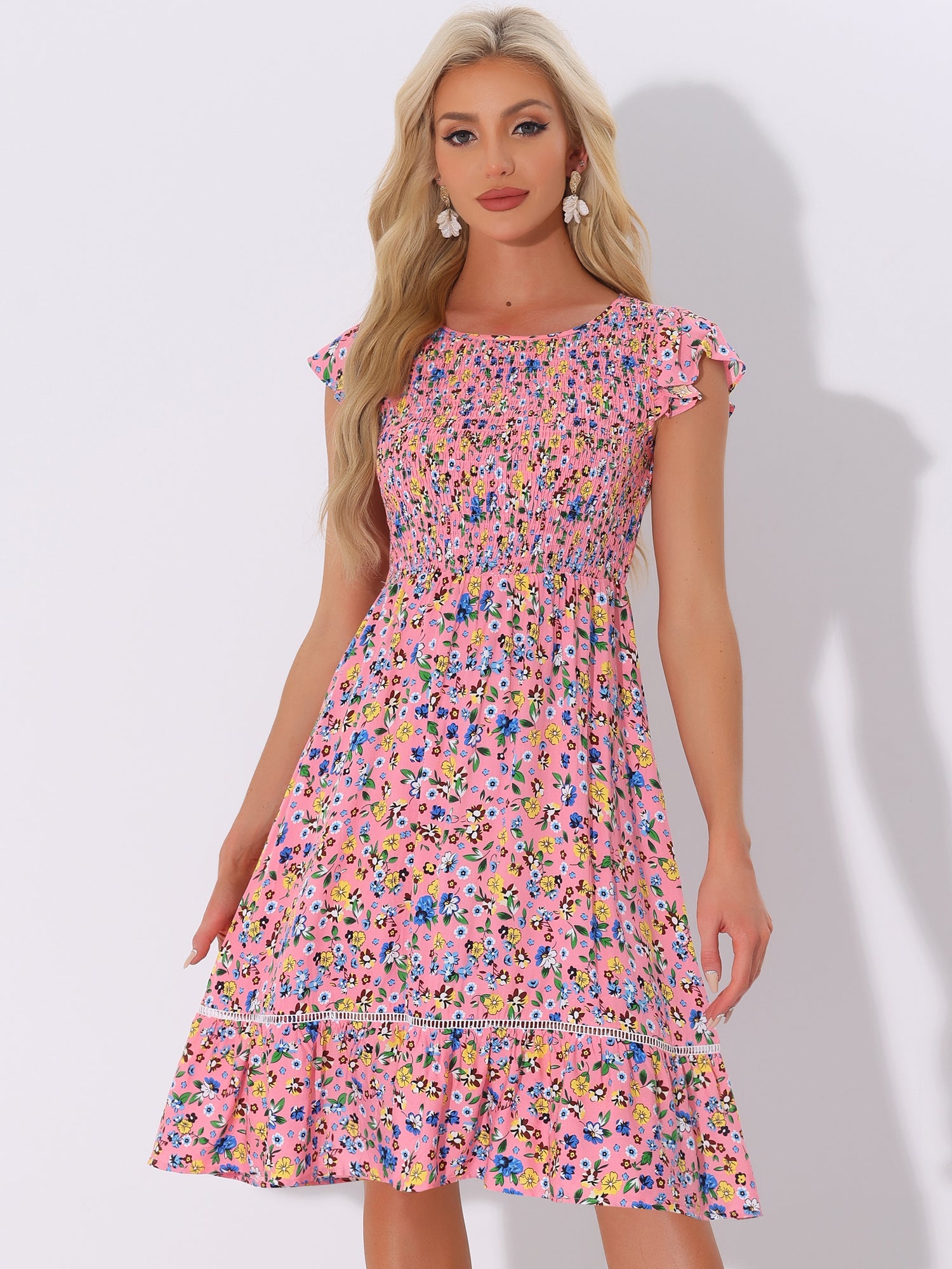 Midi Smocked Cap Short Sleeve Floral Fit and Flare Dress