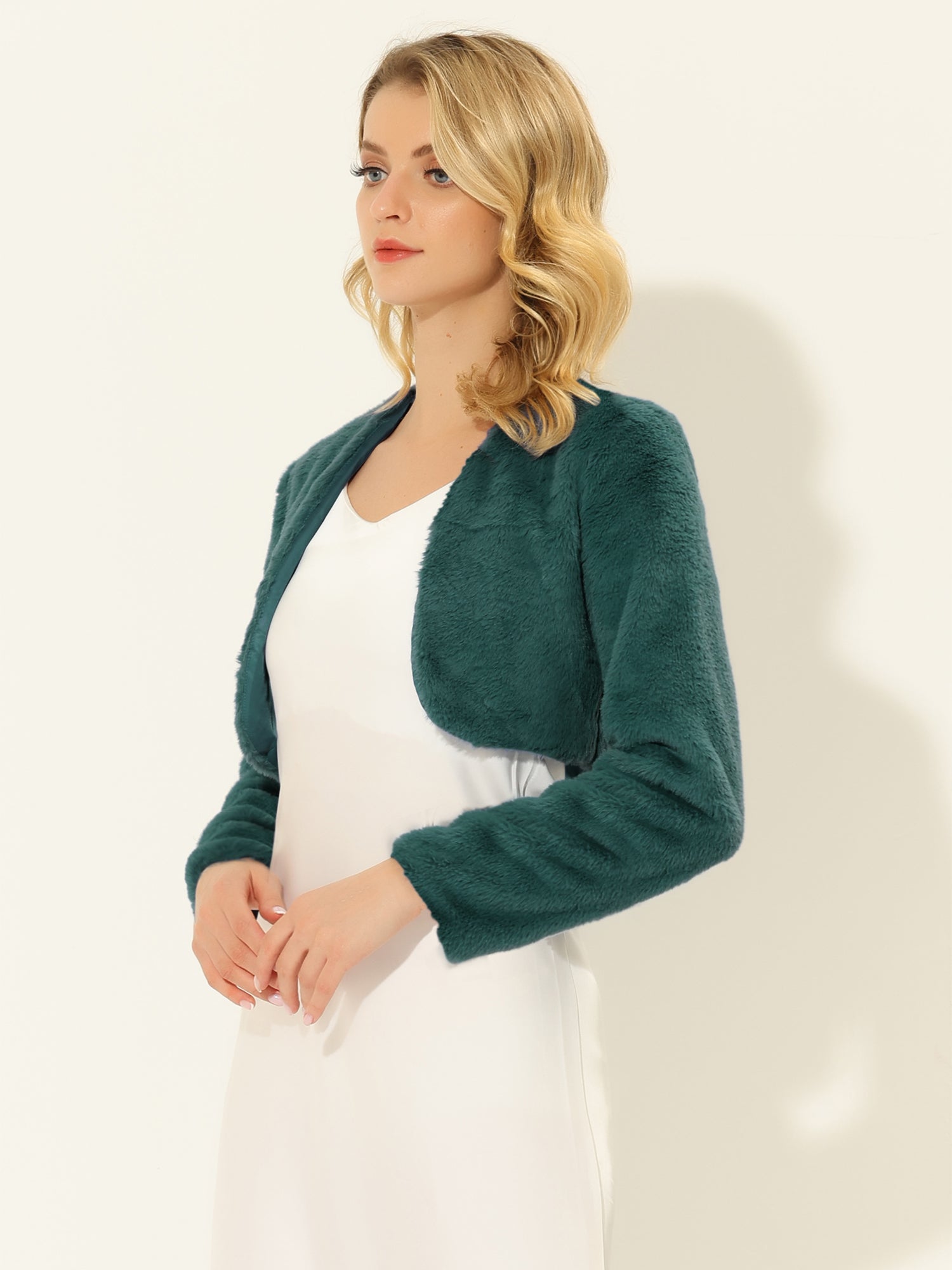 Faux Fur Evening Open Front Bolero Cropped Jacket Shrug