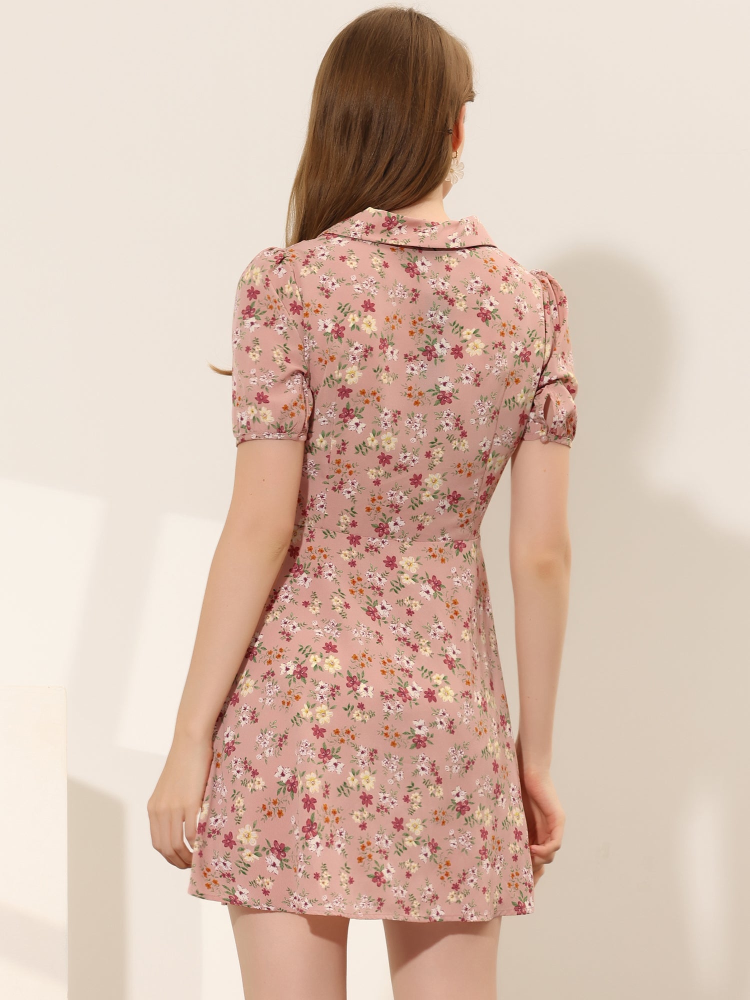 Button Up Short Sleeve A-Line Chiffon Vintage Floral Shirt Dress