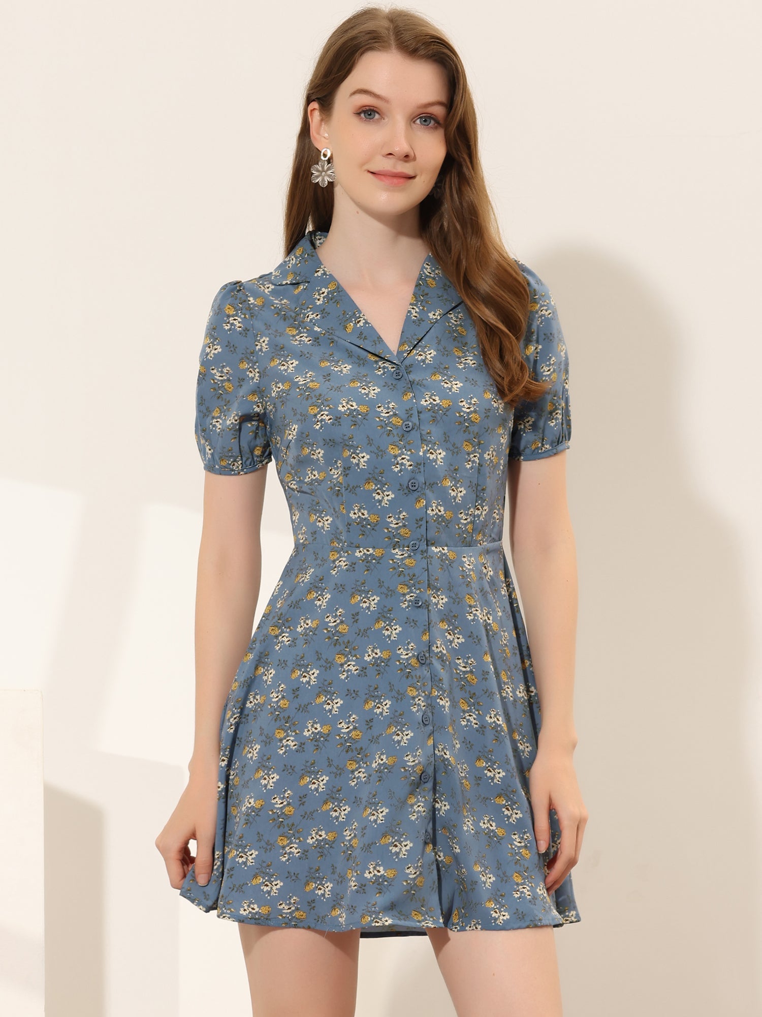 Button Up Short Sleeve A-Line Chiffon Vintage Floral Shirt Dress