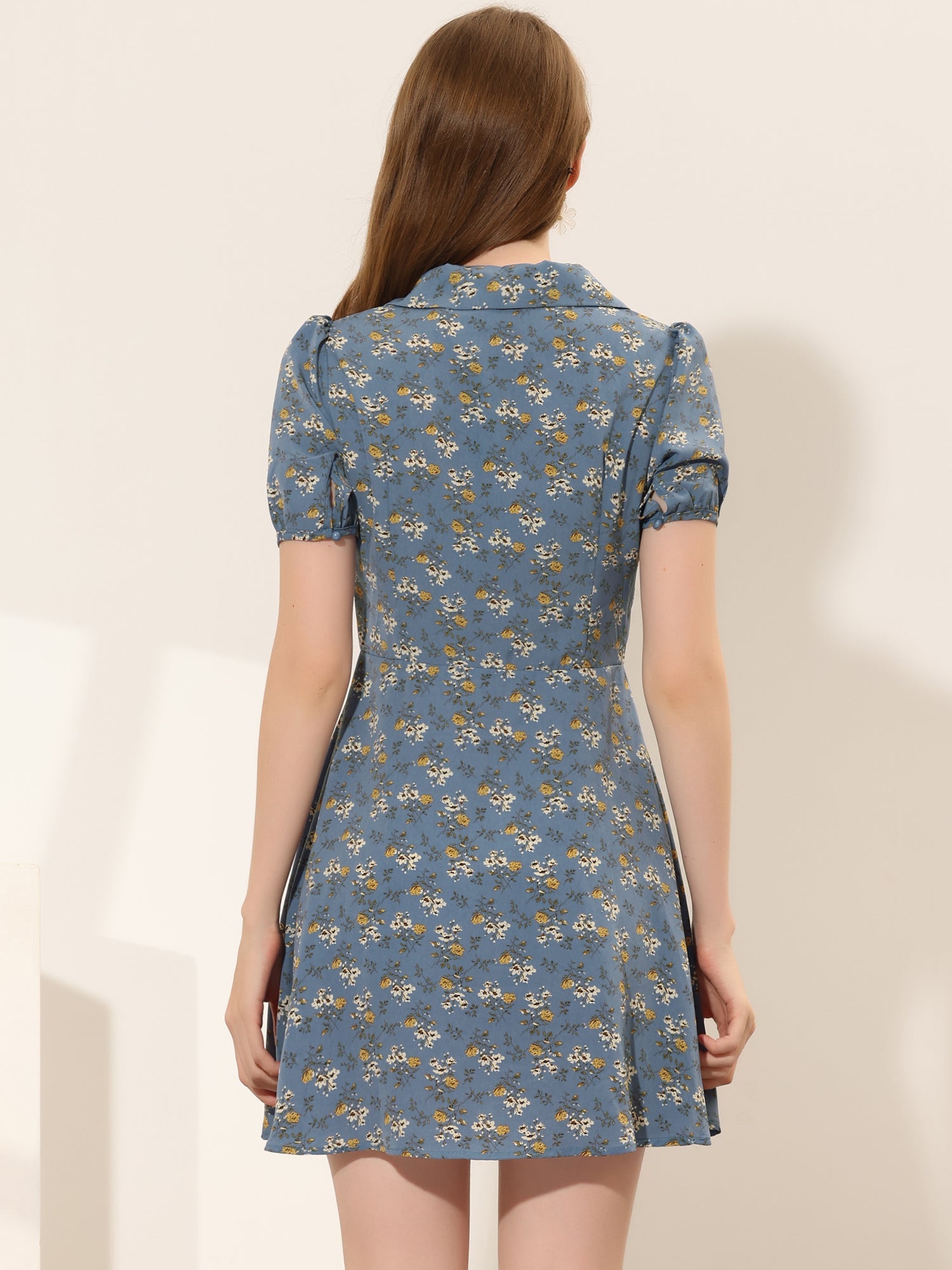 Button Up Short Sleeve A-Line Chiffon Vintage Floral Shirt Dress