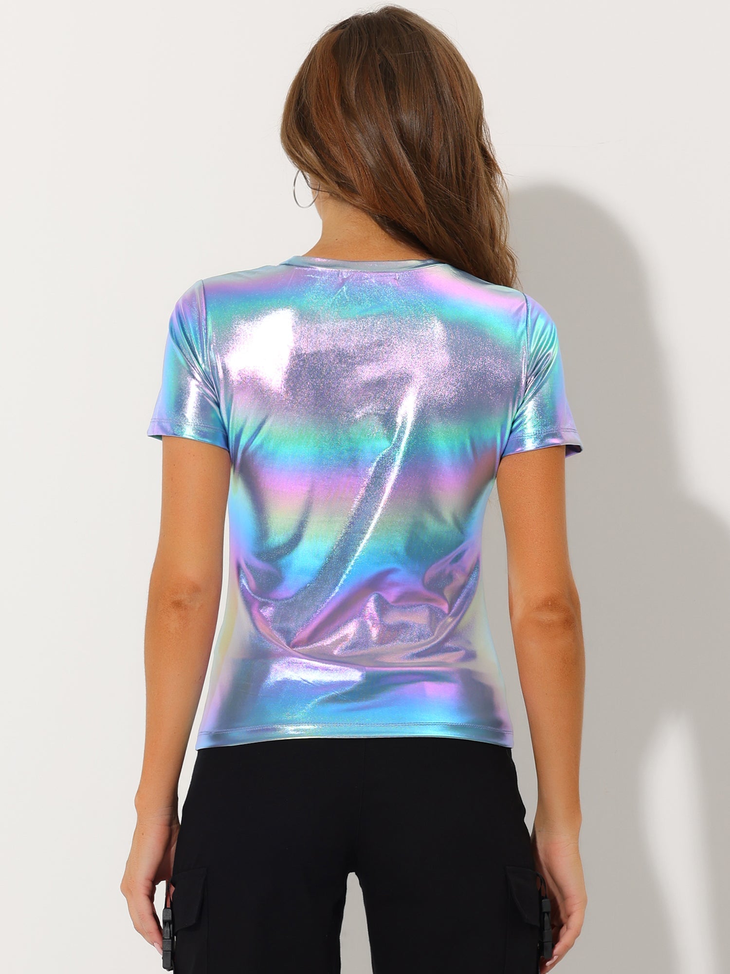 Party Metallic Textured Short Sleeve Shiny Multicolor Top