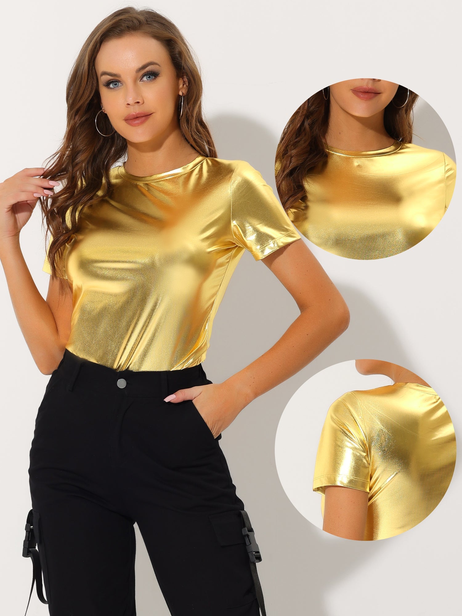 Party Metallic Textured Short Sleeve Shiny Multicolor Top