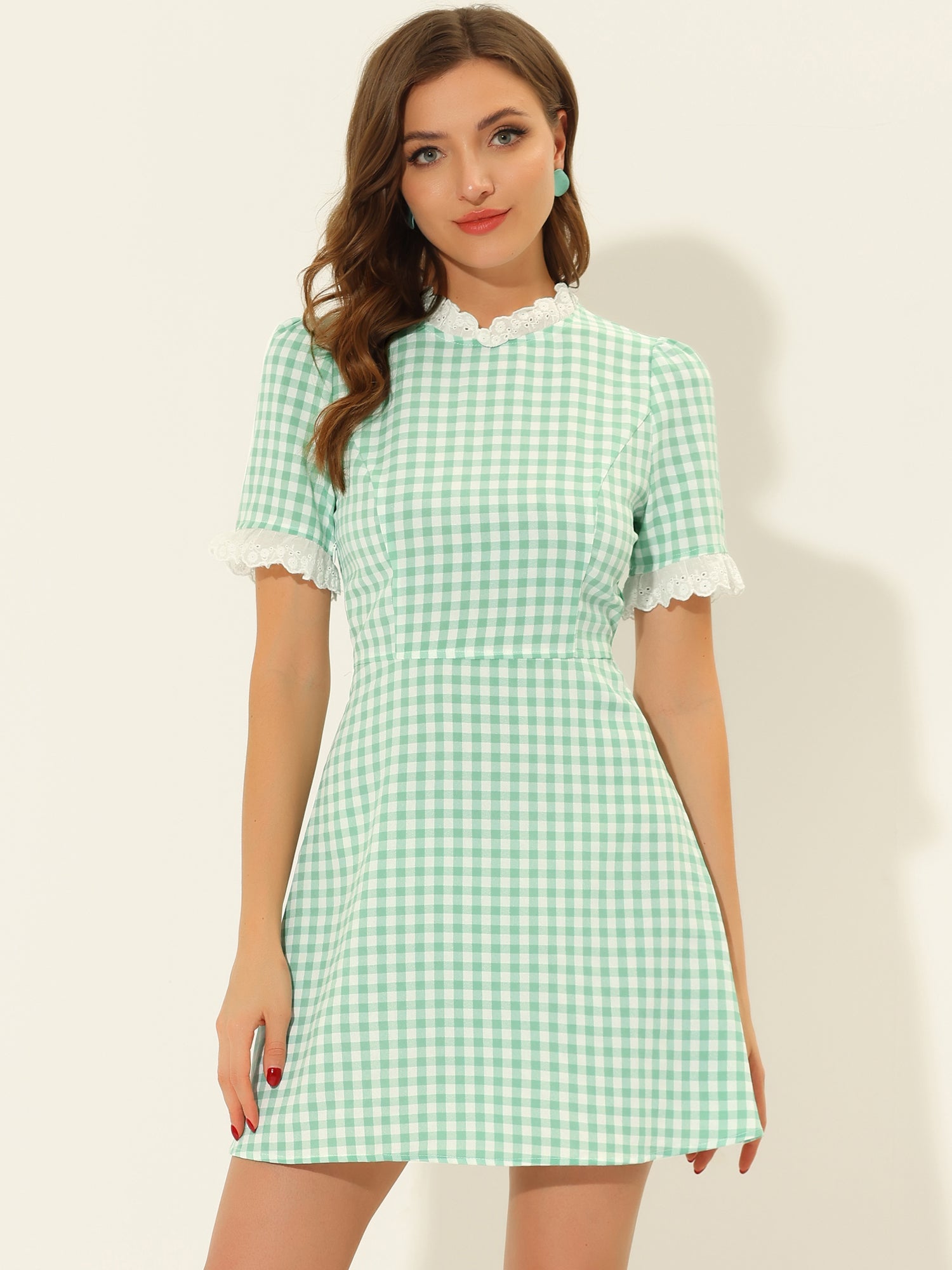 Summer Ruffle Neck Lace Panel Short Sleeve Check Gingham Dress