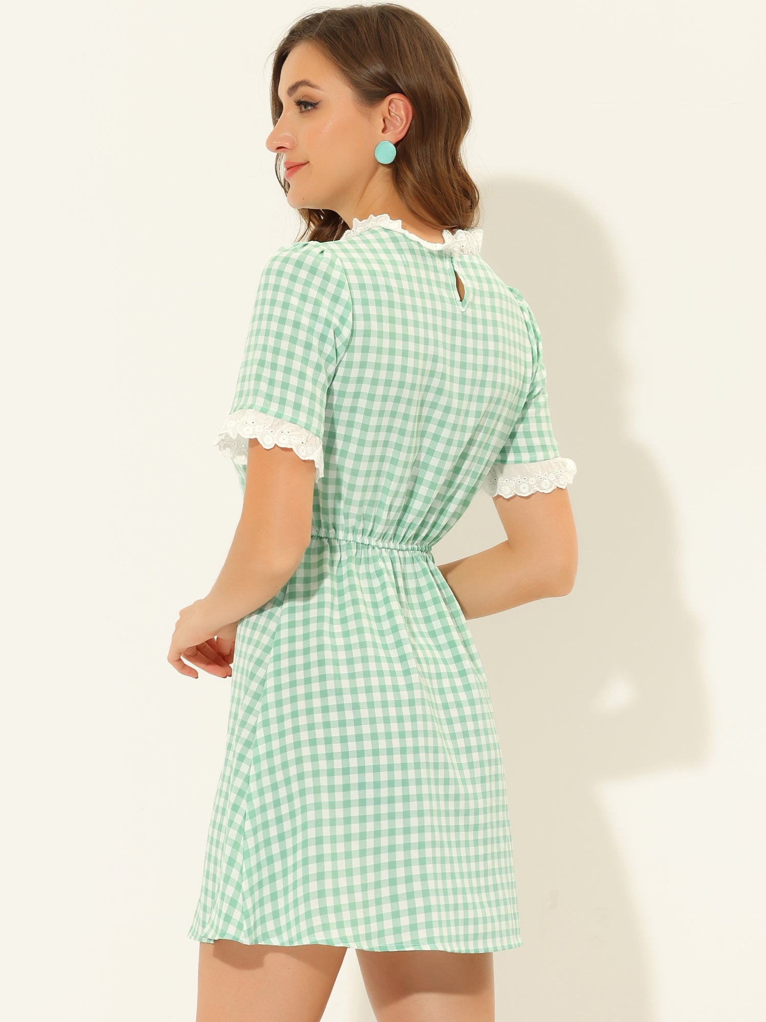 Summer Ruffle Neck Lace Panel Short Sleeve Check Gingham Dress
