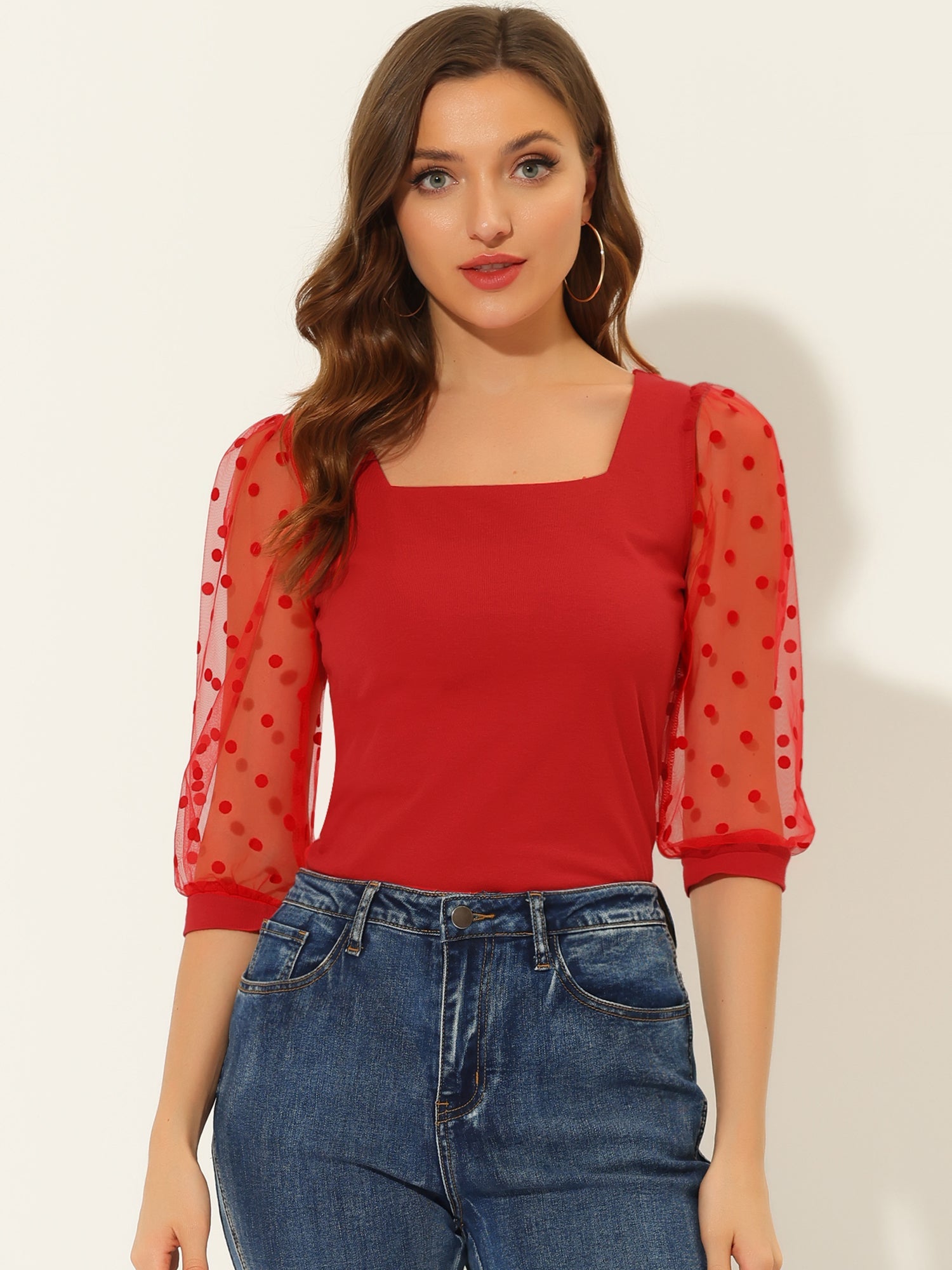 Retro Square Neck Tops Slim Fit Semi Sheer 3/4 Mesh Sleeve Top