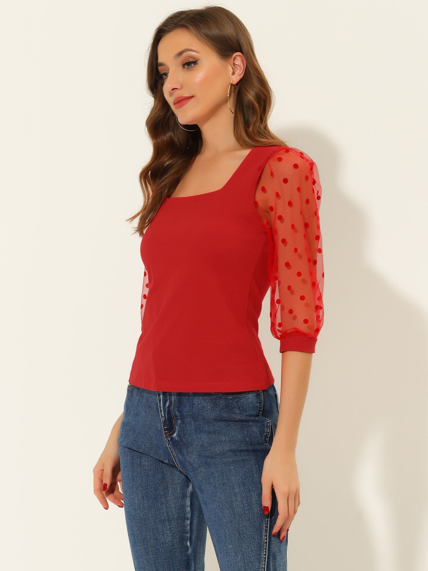 Retro Square Neck Tops Slim Fit Semi Sheer 3/4 Mesh Sleeve Top
