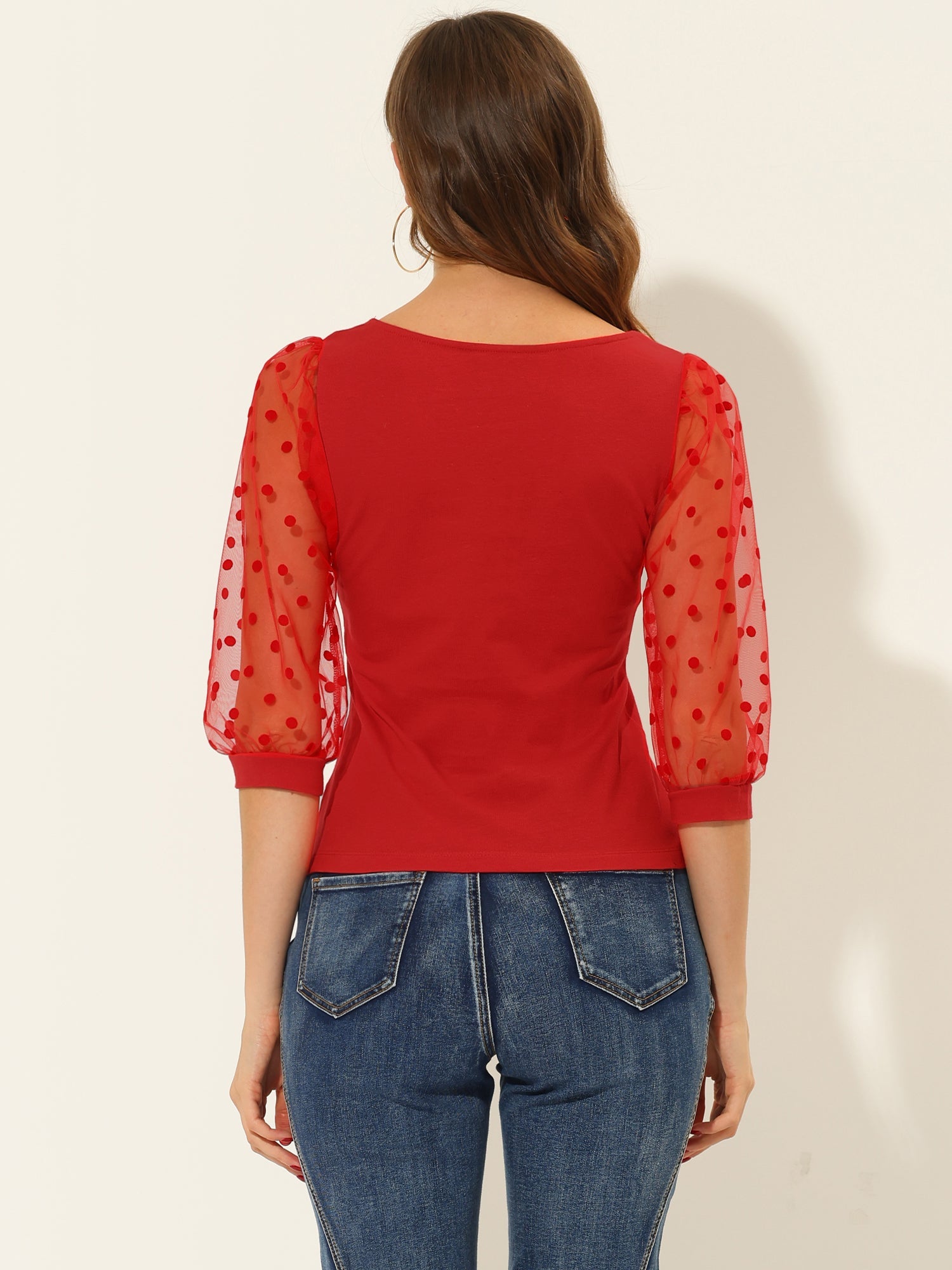 Retro Square Neck Tops Slim Fit Semi Sheer 3/4 Mesh Sleeve Top