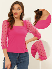 Retro Square Neck Tops Slim Fit Semi Sheer 3/4 Mesh Sleeve Top
