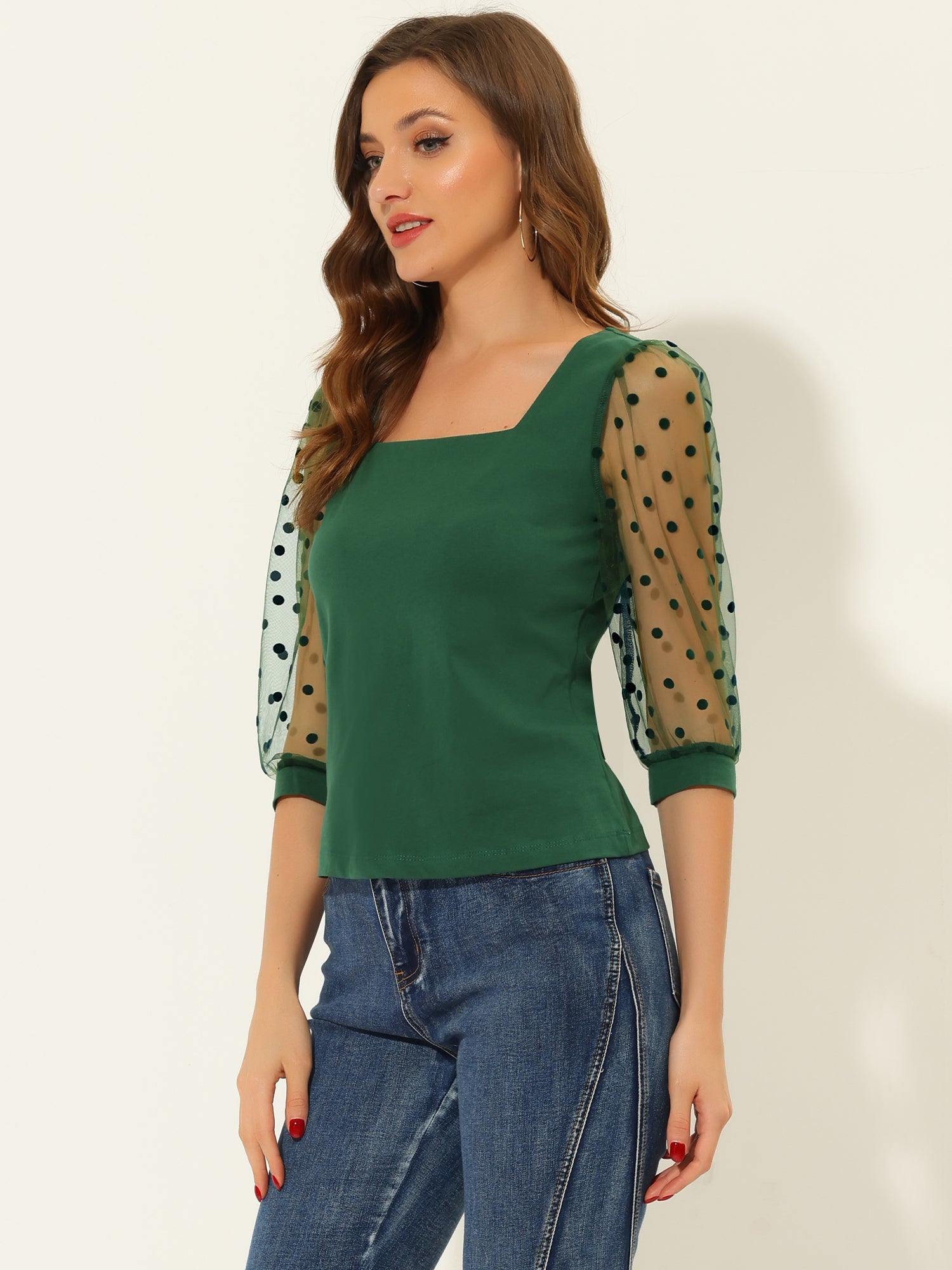 Retro Square Neck Tops Slim Fit Semi Sheer 3/4 Mesh Sleeve Top
