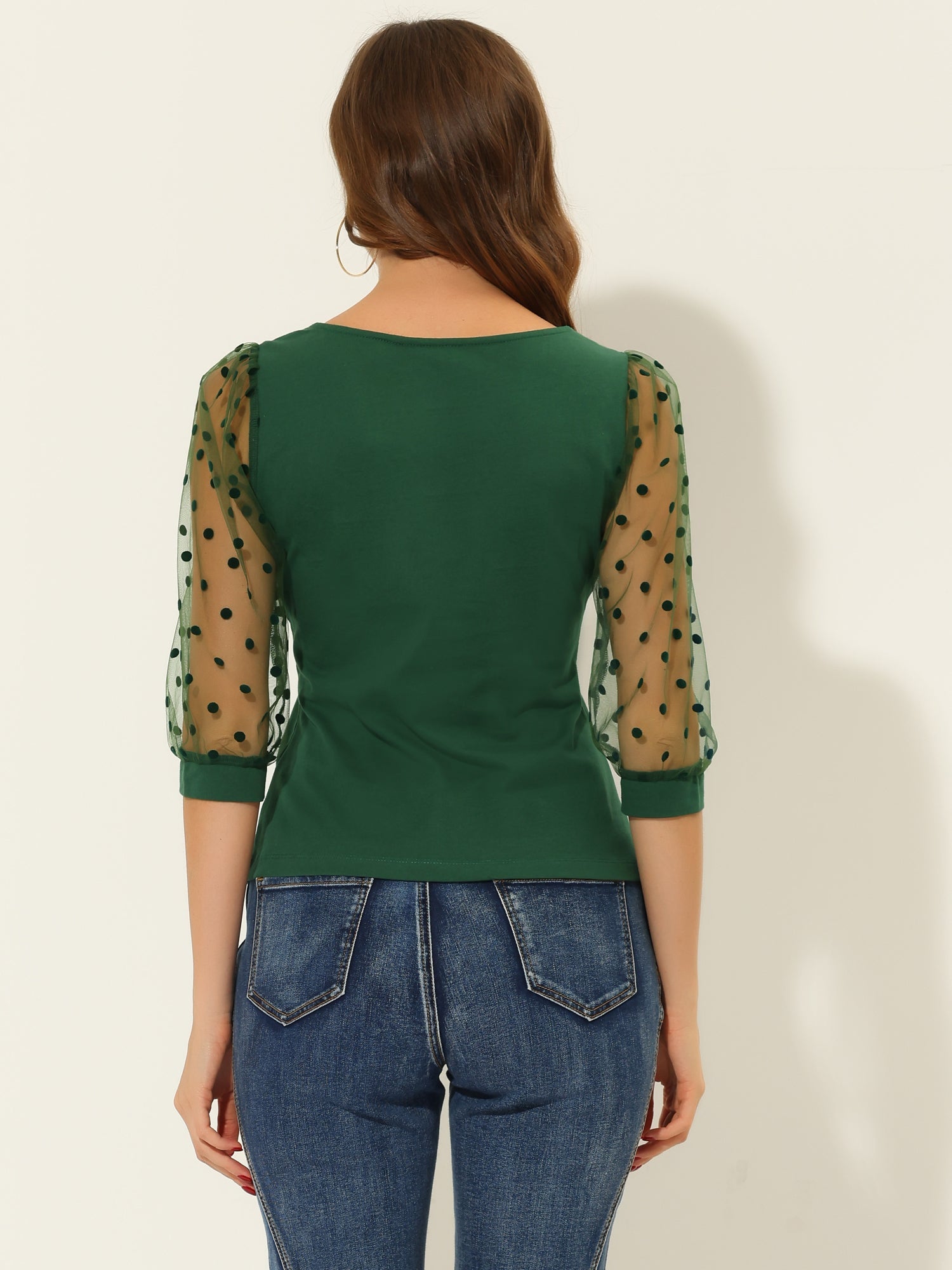 Retro Square Neck Tops Slim Fit Semi Sheer 3/4 Mesh Sleeve Top
