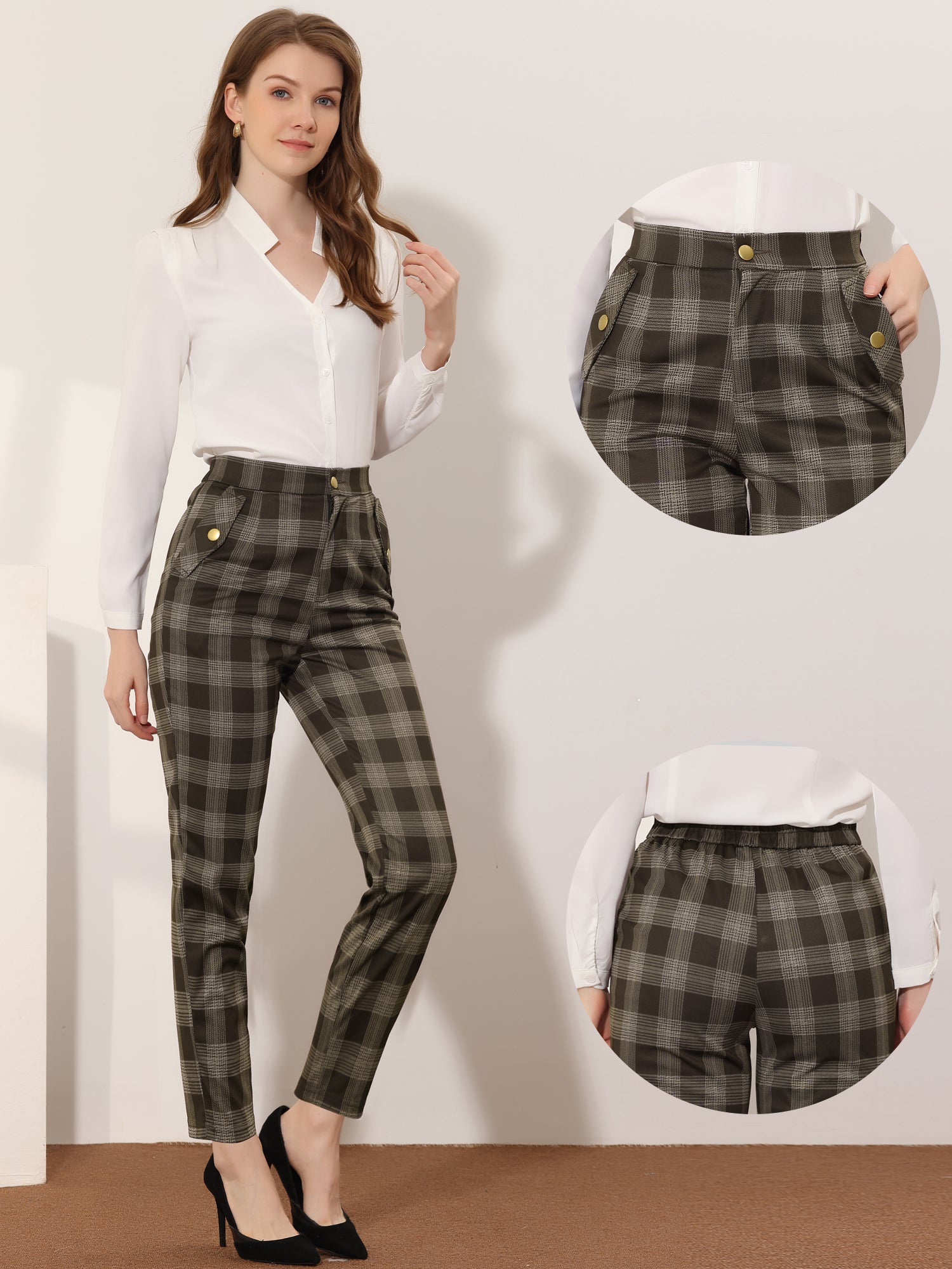 Vintage Tartan Plaid Pants Elastic Waist Straight Long Trousers