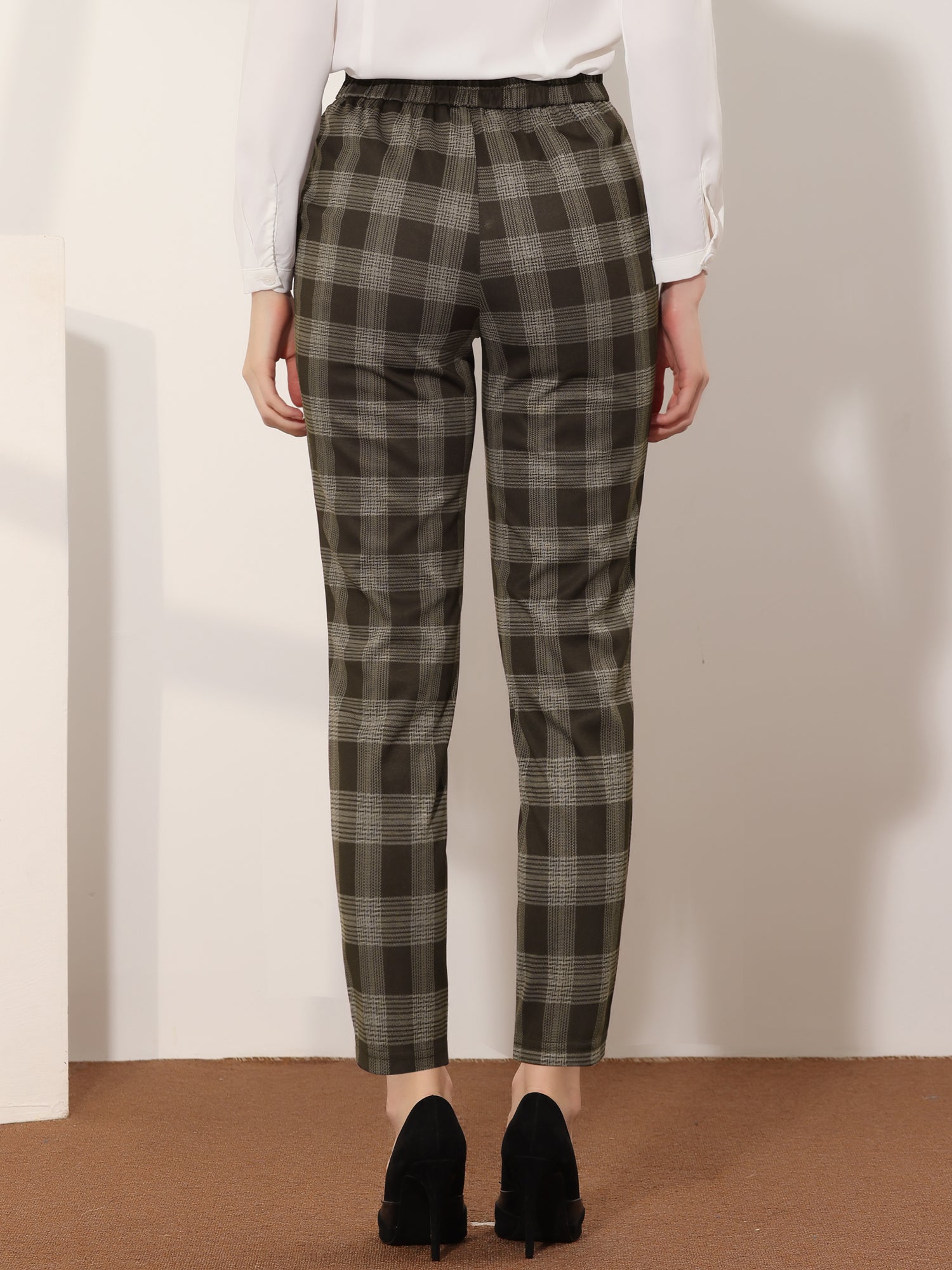 Vintage Tartan Plaid Pants Elastic Waist Straight Long Trousers