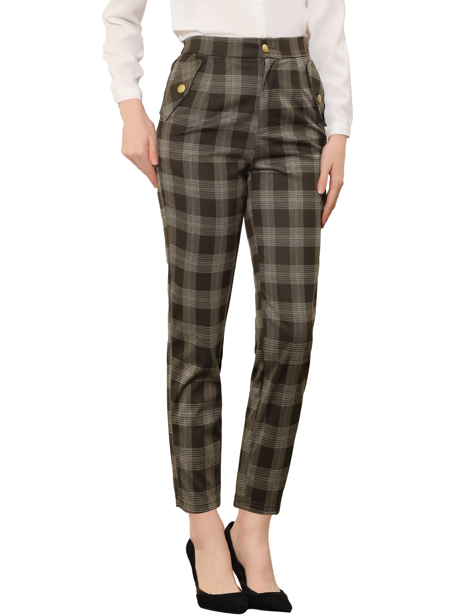Vintage Tartan Plaid Pants Elastic Waist Straight Long Trousers