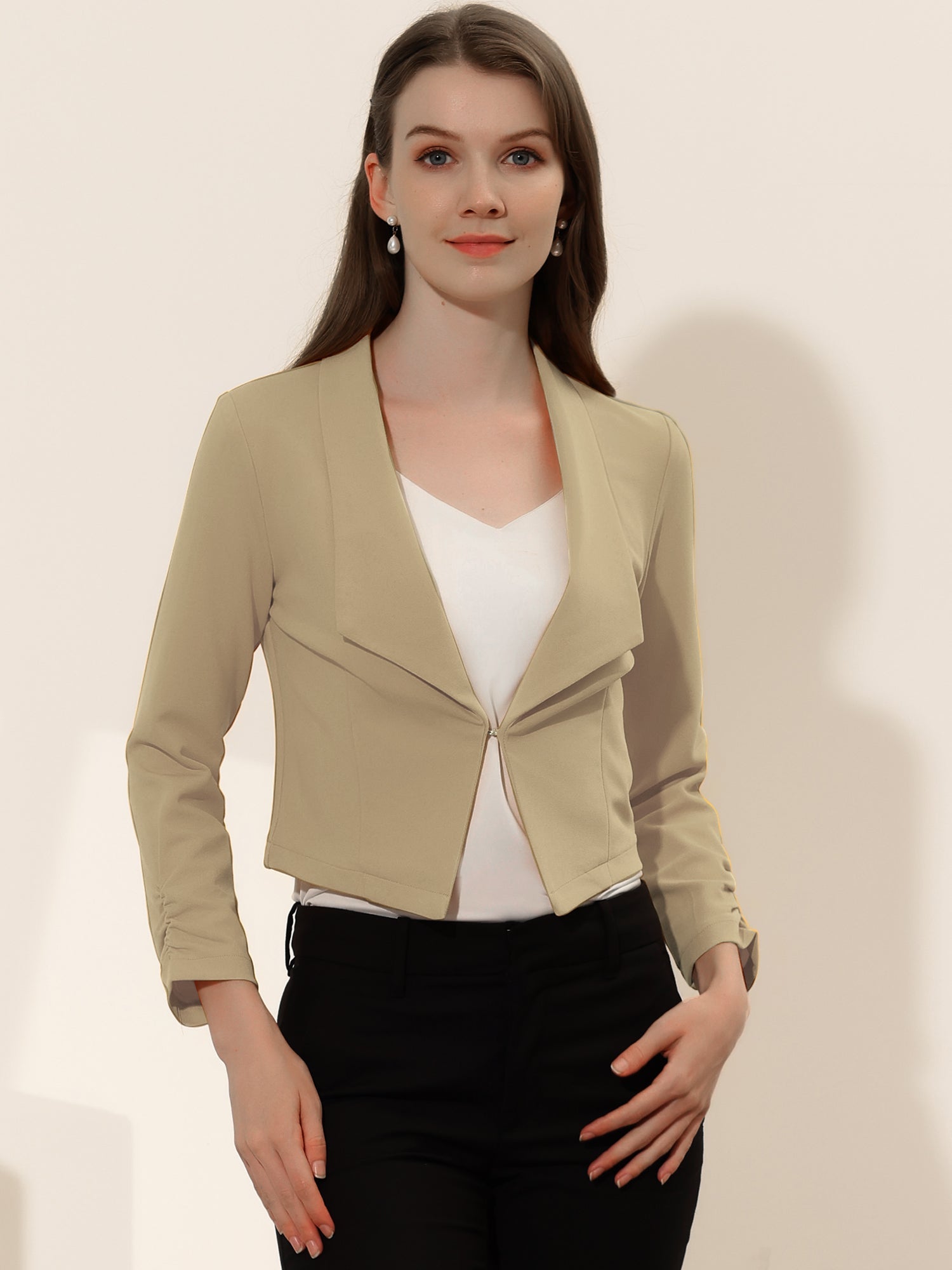 Notched Lapel Ruched Sleeve Business Cropped Jacket Blazer