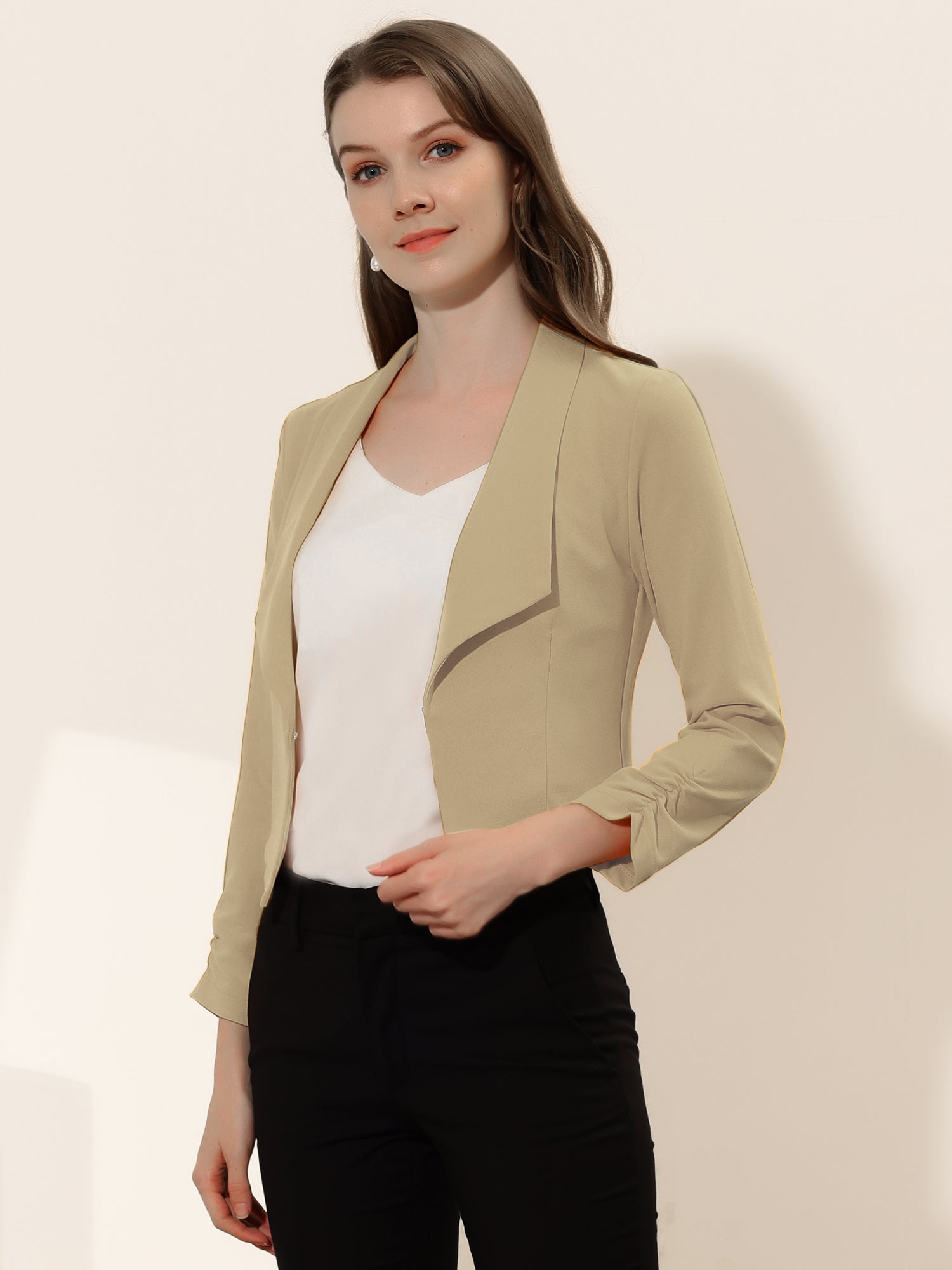 Notched Lapel Ruched Sleeve Business Cropped Jacket Blazer