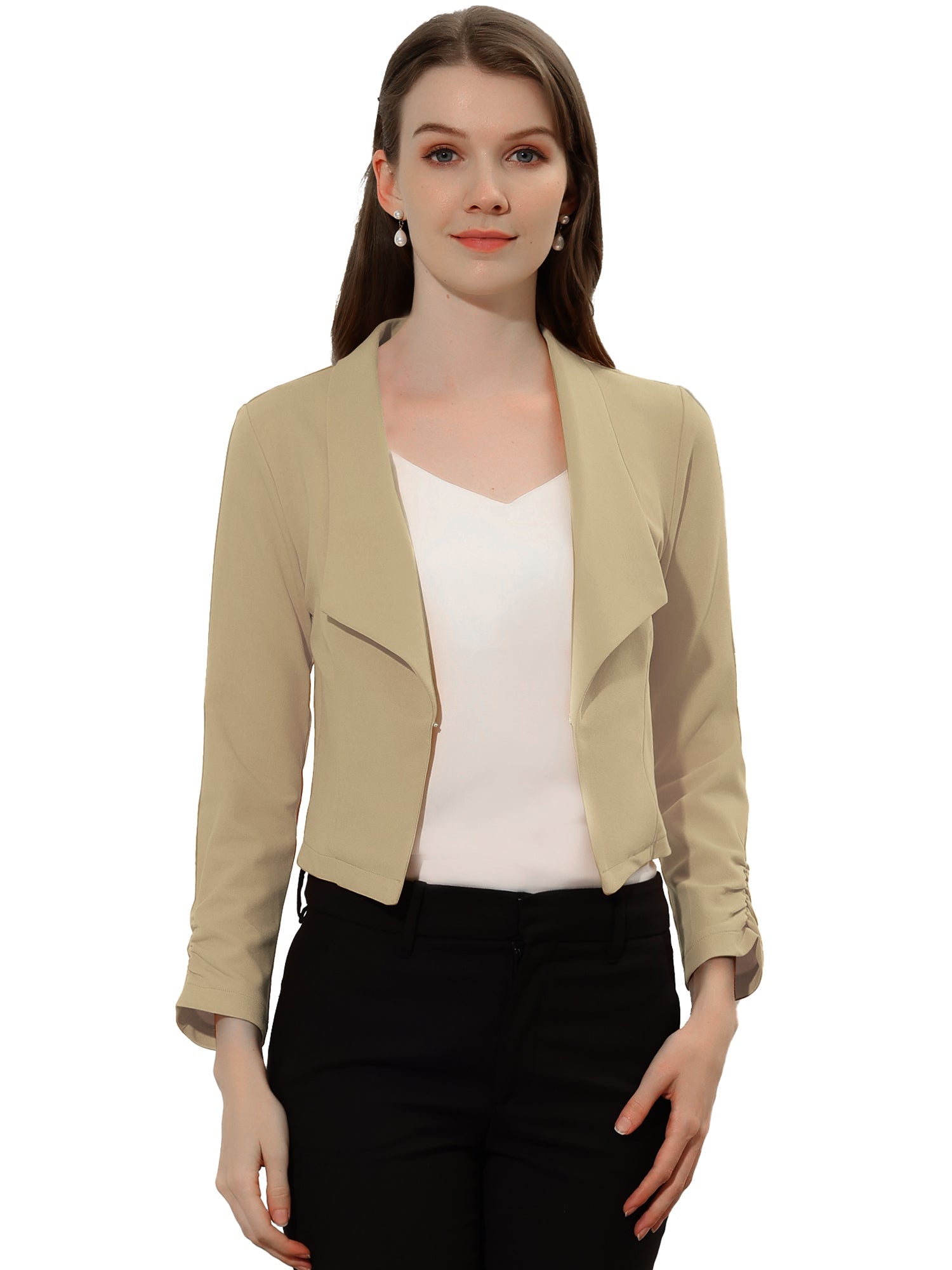 Notched Lapel Ruched Sleeve Business Cropped Jacket Blazer
