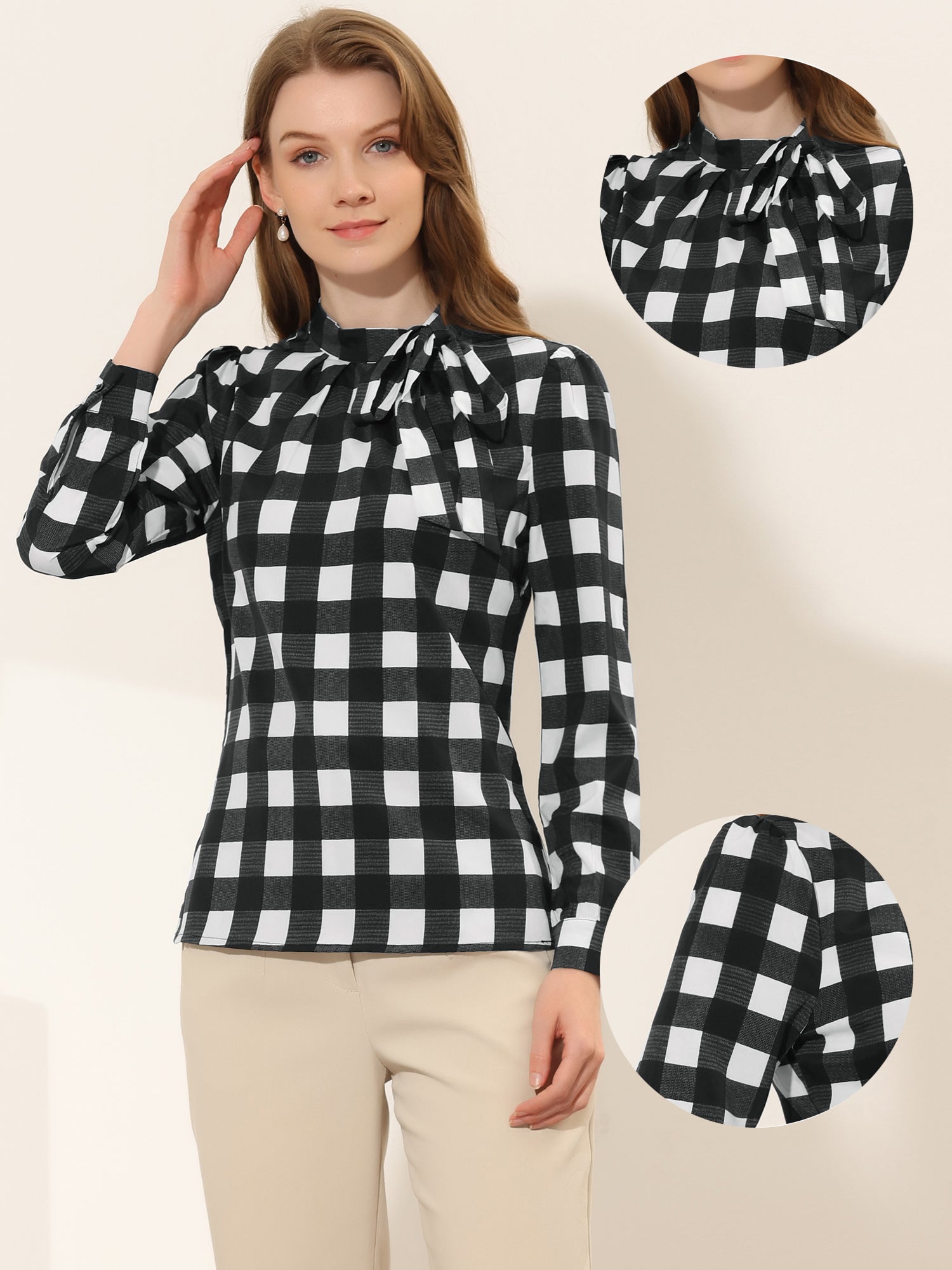 Bow Tie Neck Grid Checks Shirt Office Work Tops Blouse