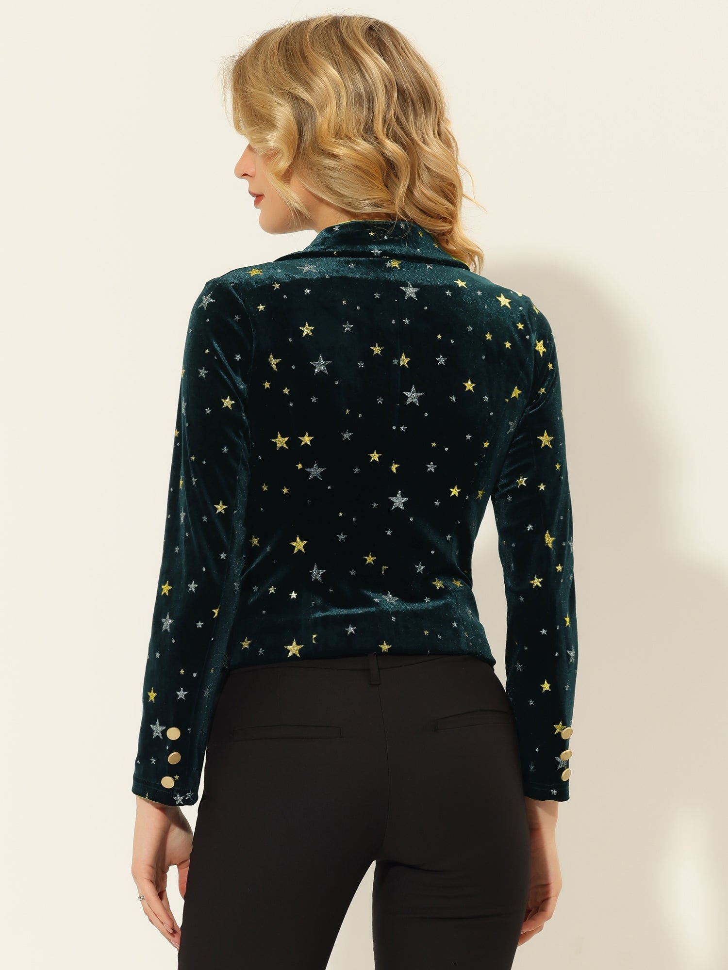 Metallic Star Single Button Velvet Lapel Crop Blazer