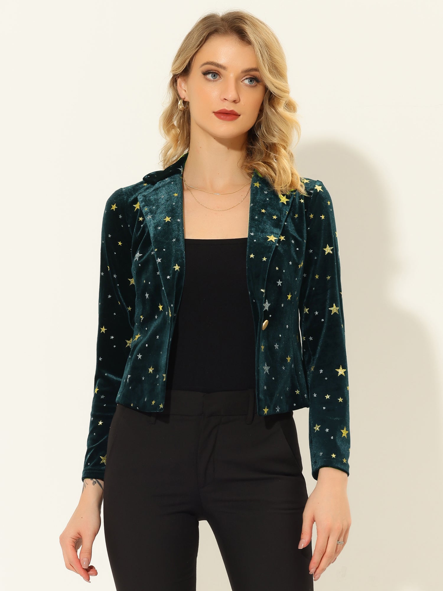 Metallic Star Single Button Velvet Lapel Crop Blazer