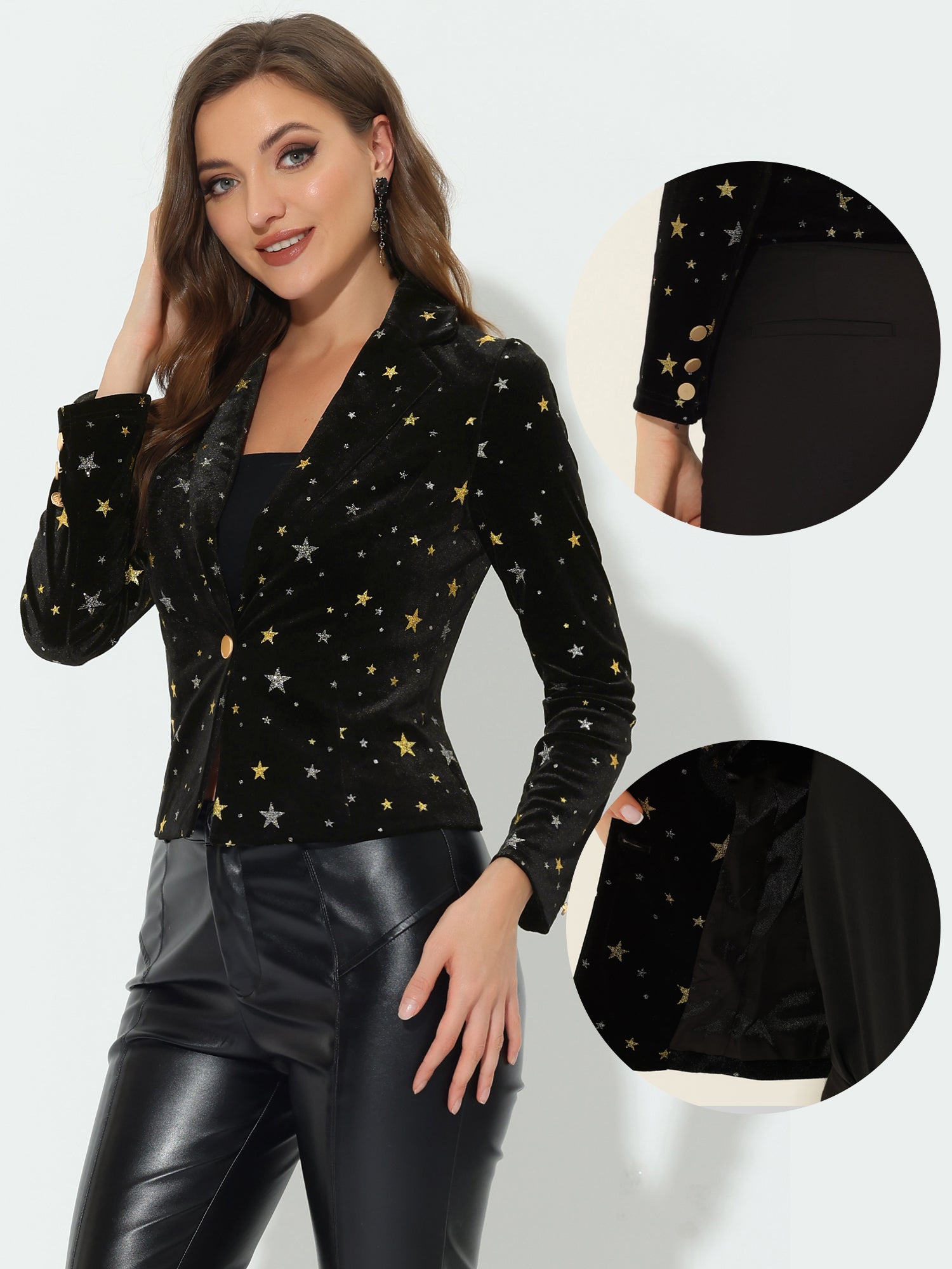 Metallic Star Single Button Velvet Lapel Crop Blazer